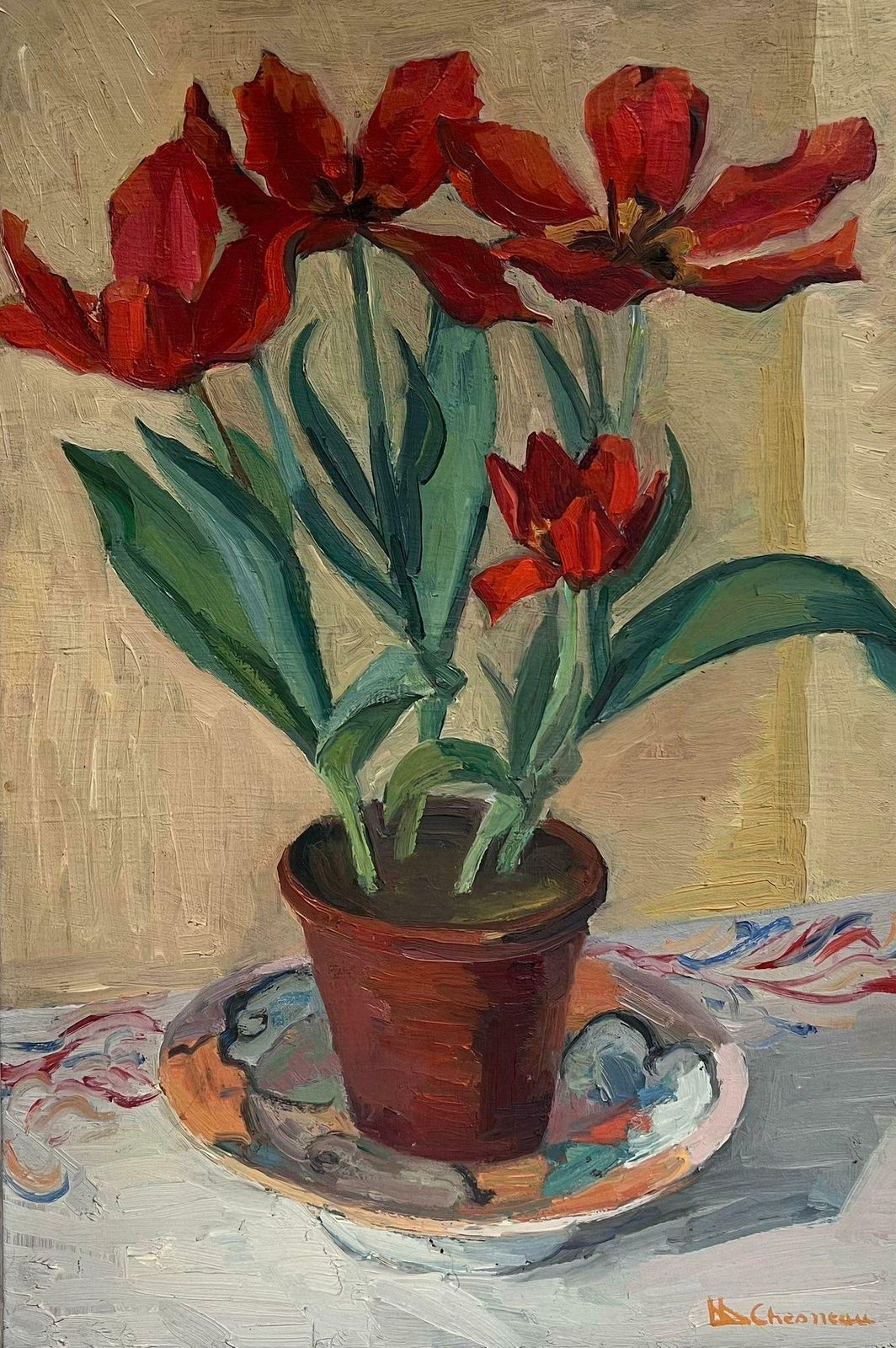 Marcel Chesneaumid 20th Century French Signed Oil Painting Red Tulips In Interior Original Frm1950's