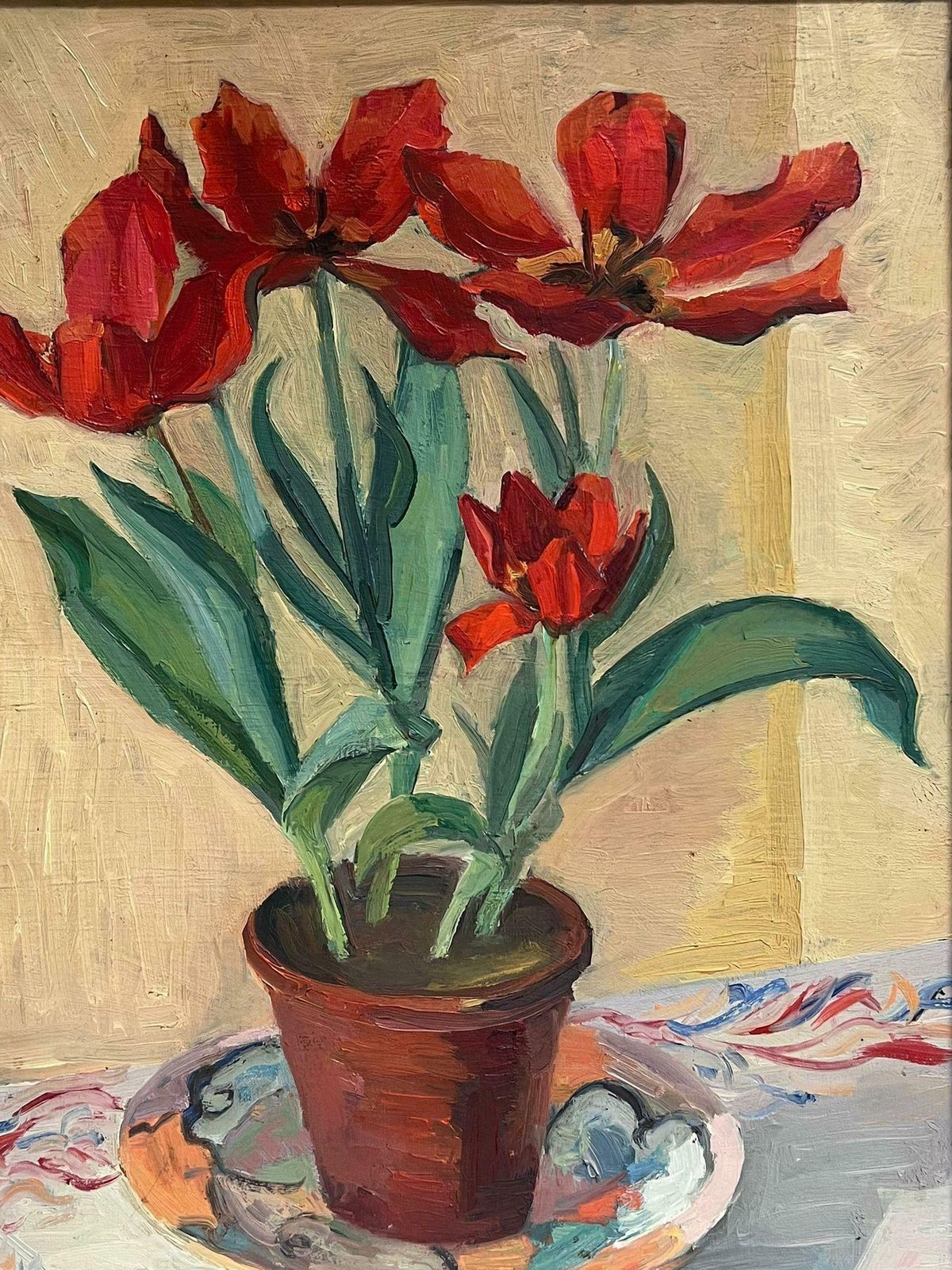 Marcel Chesneaumid 20th Century French Signed Oil Painting Red Tulips In Interior Original Frm1950's photo furniture