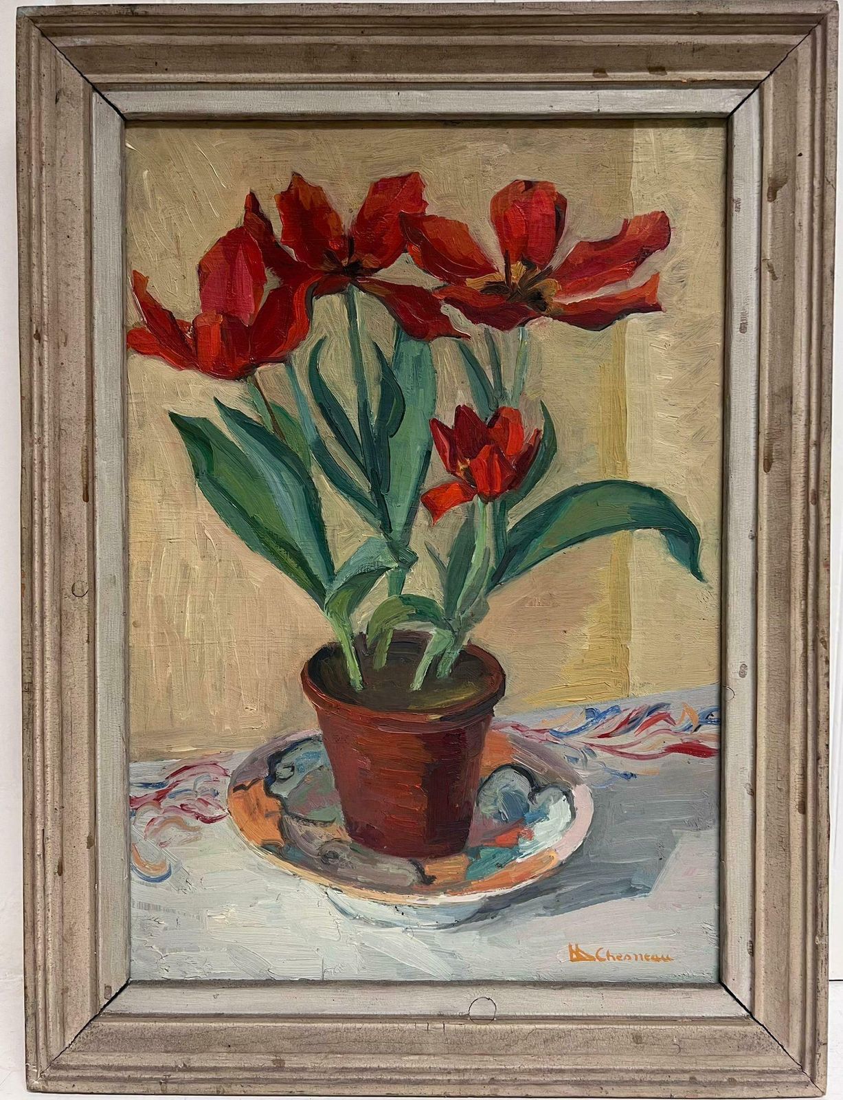 Marcel Chesneaumid 20th Century French Signed Oil Painting Red Tulips In Interior Original Frm1950's photo for sale