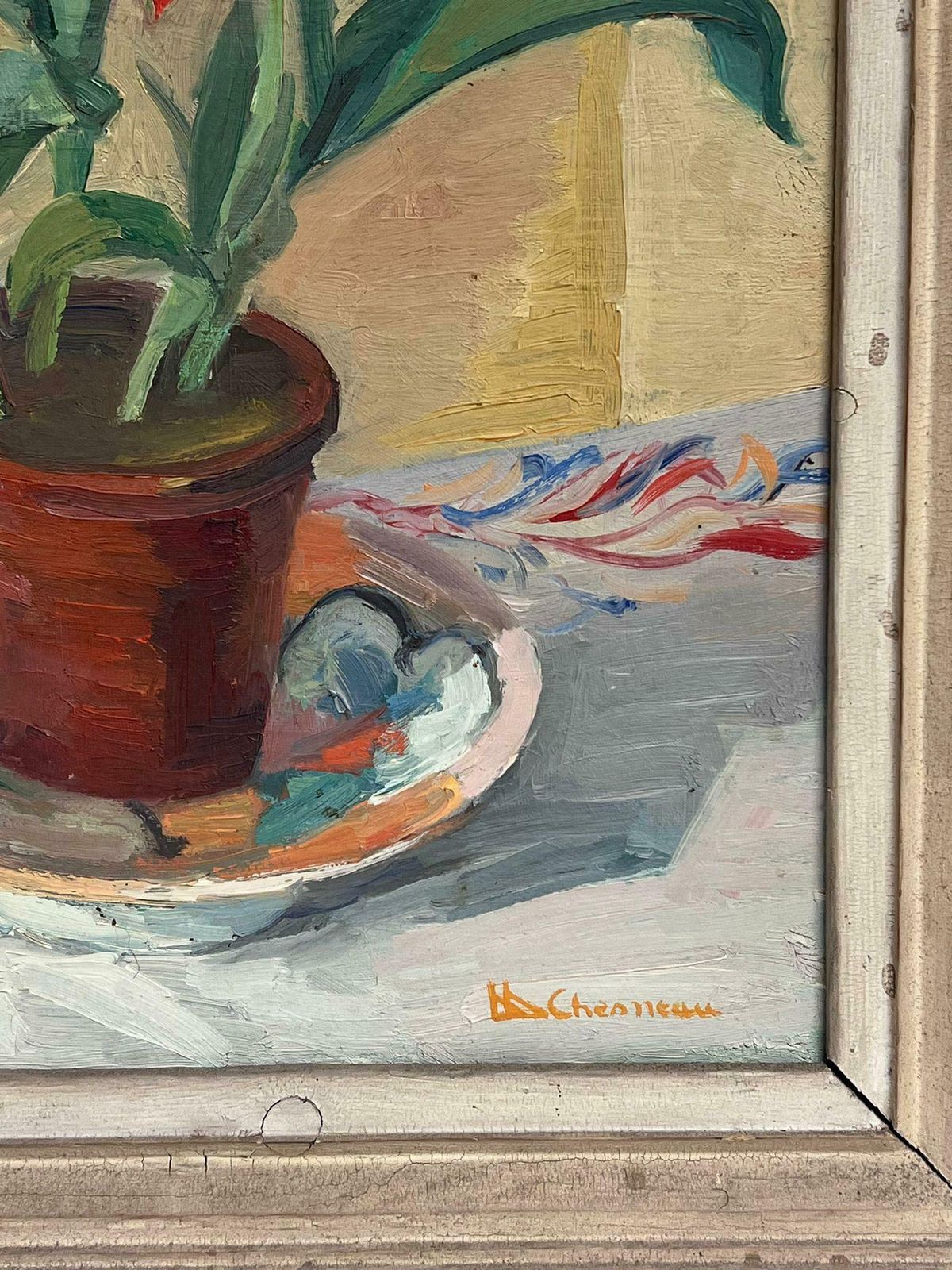 Marcel Chesneaumid 20th Century French Signed Oil Painting Red Tulips In Interior Original Frm1950's photo vinterior
