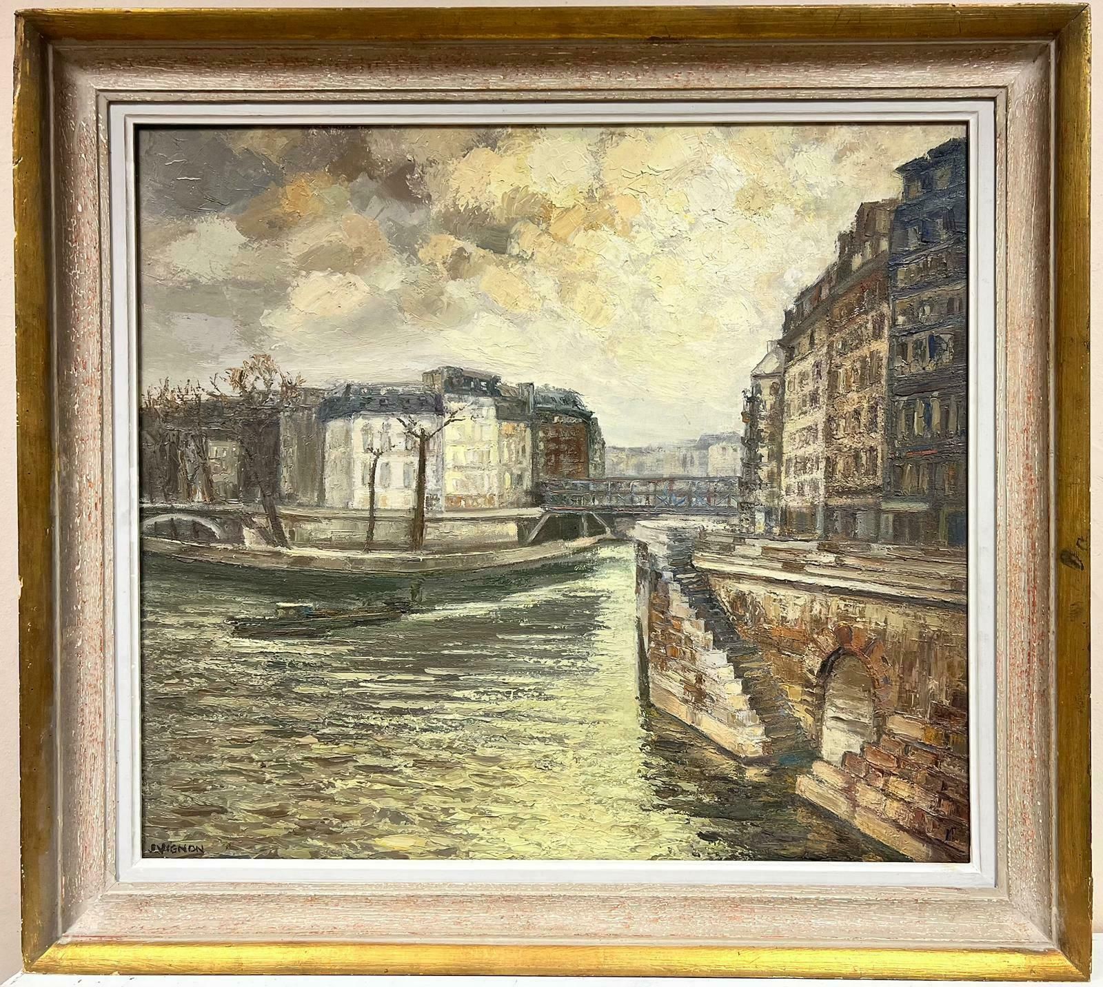 Josine Vignonriver Seine Paris Atmospheric Moody Sky Landscape Large French Signed Oil1960's