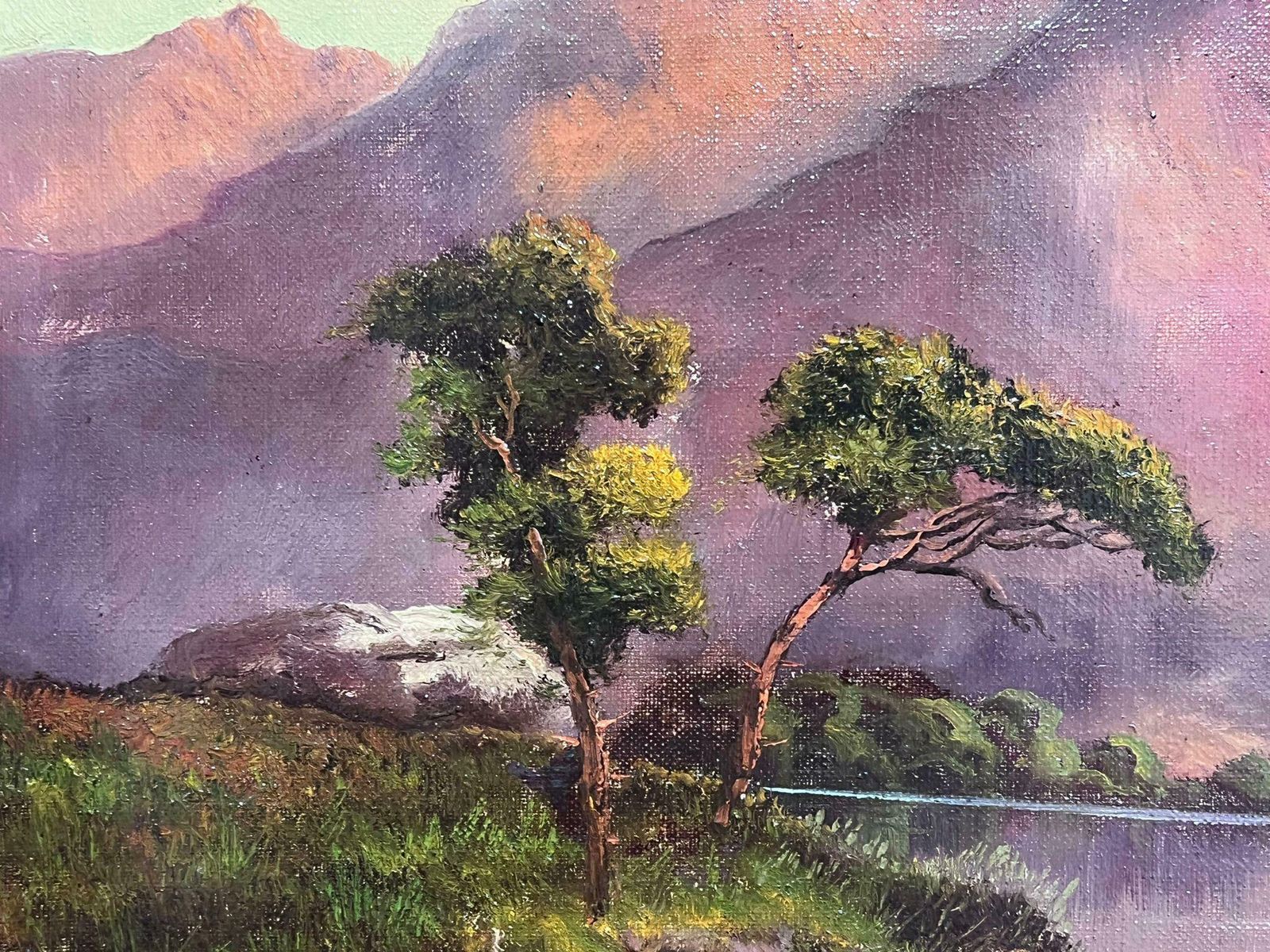 Jack M. Duckerloch Awe Scottish Highlands Pink Sunset Over Mountains & Loch Antique Oil photo Art