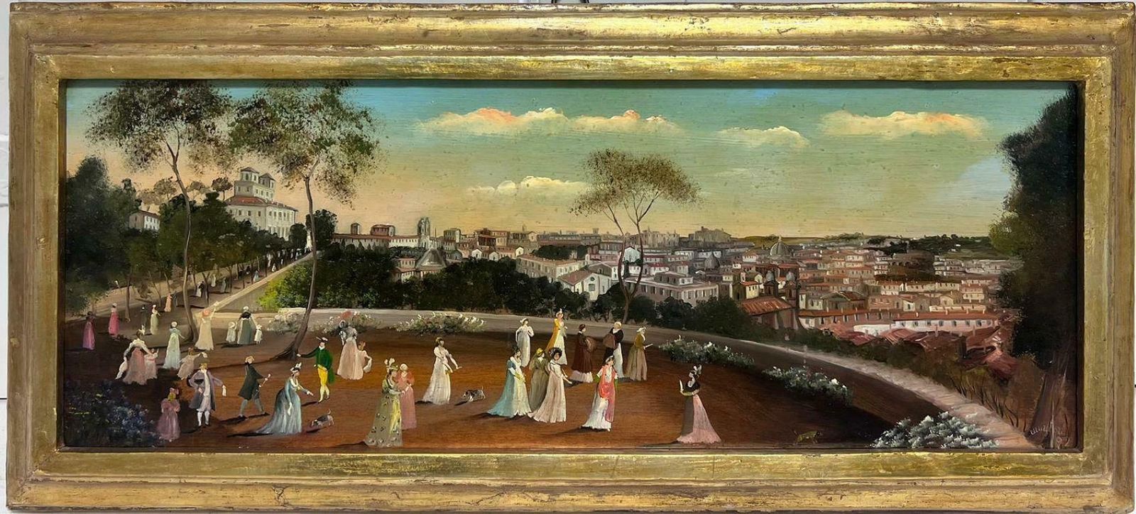 Italian Schoolelegant Figures Promenading In Park Overlooking City Of Florence Skyline, Signed photo furniture