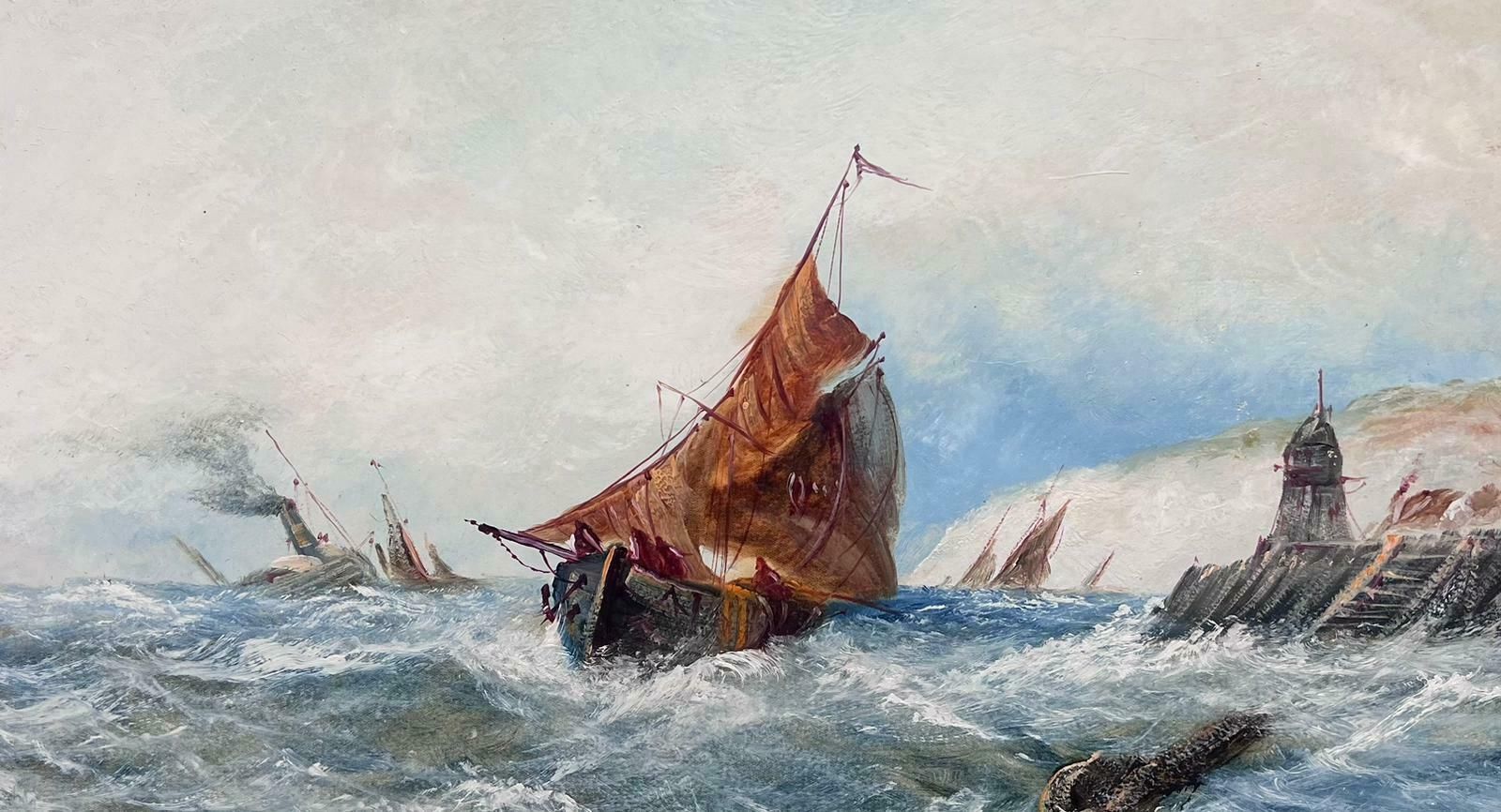 19th Century English School.Antique English Marine Oil Painting Shipping In Rough Seas Off Harbor Coast