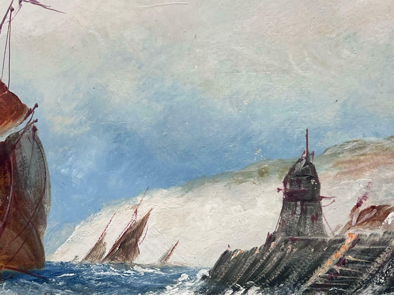 19th Century English School.Antique English Marine Oil Painting Shipping In Rough Seas Off Harbor Coast photo Art