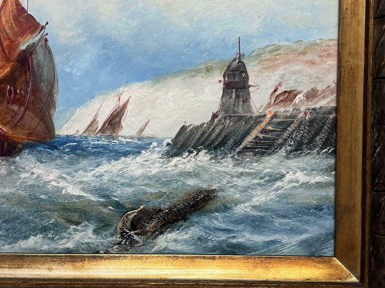 19th Century English School.Antique English Marine Oil Painting Shipping In Rough Seas Off Harbor Coast photo 715.0