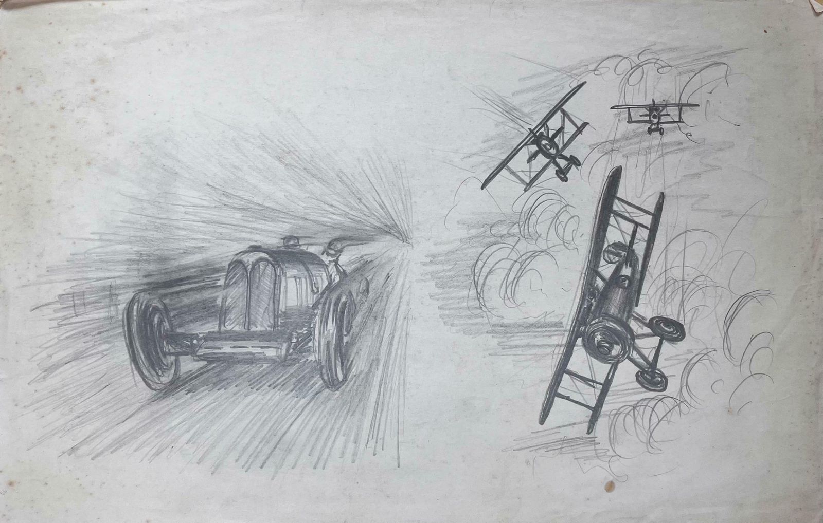 K.B. Whiteworld War I Dogfight Scene With Vintage Race Car Pencil Illustrationearly 20th Century