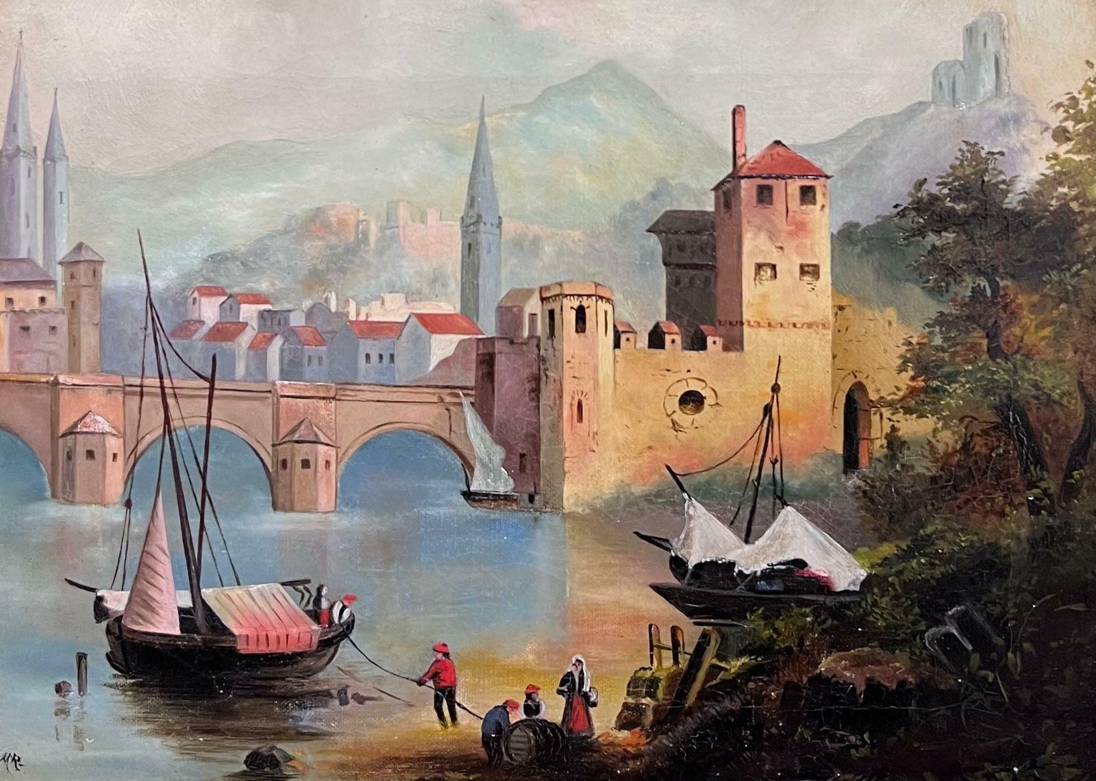 French School19th Century French Oil Painting Old Chateau Castles On Lake Side Town19th Century photo furniture