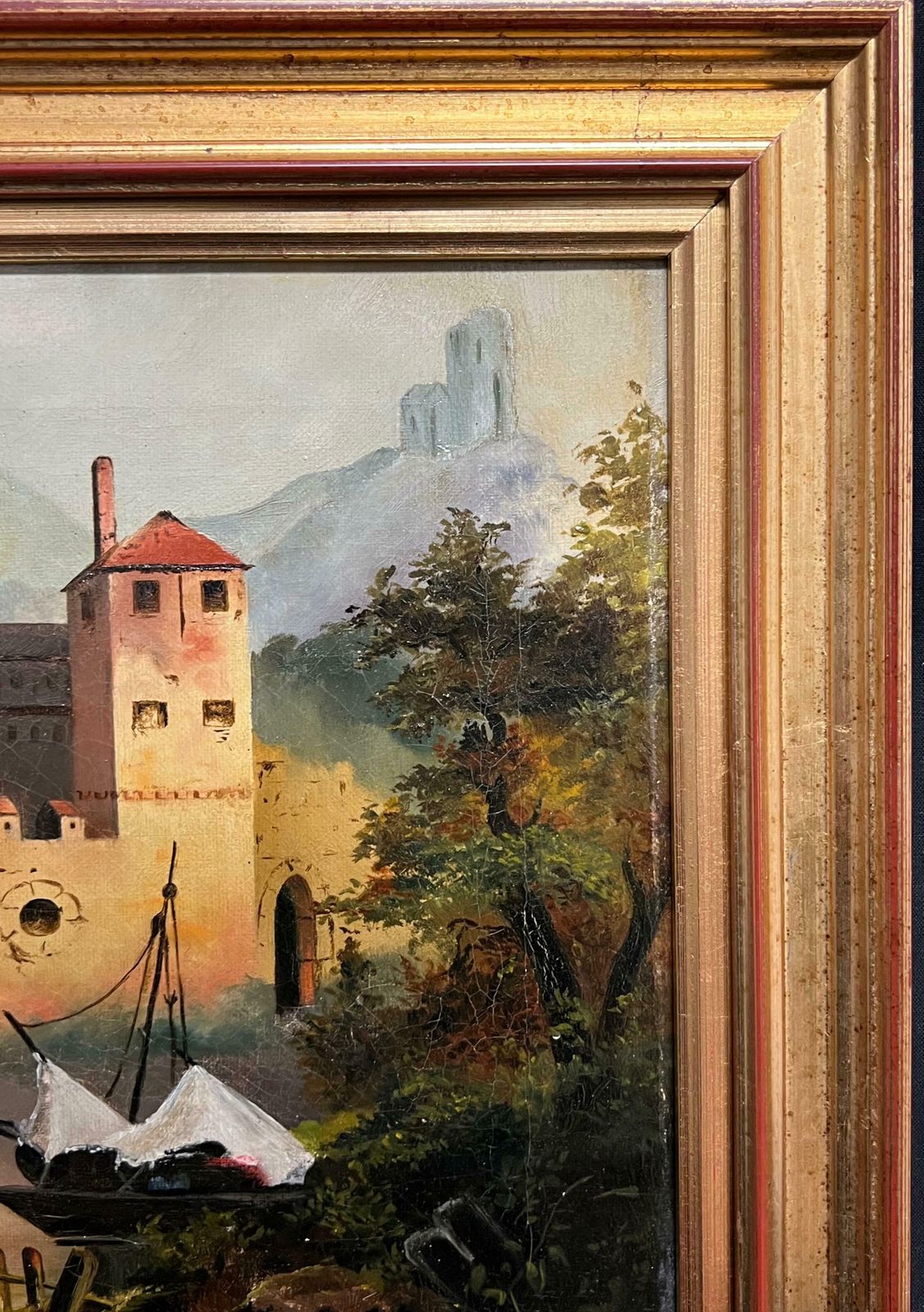 French School19th Century French Oil Painting Old Chateau Castles On Lake Side Town19th Century photo for sale