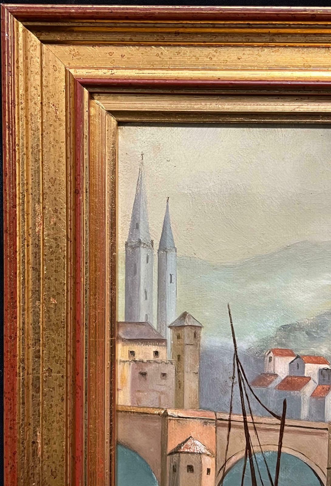 French School19th Century French Oil Painting Old Chateau Castles On Lake Side Town19th Century photo vinterior