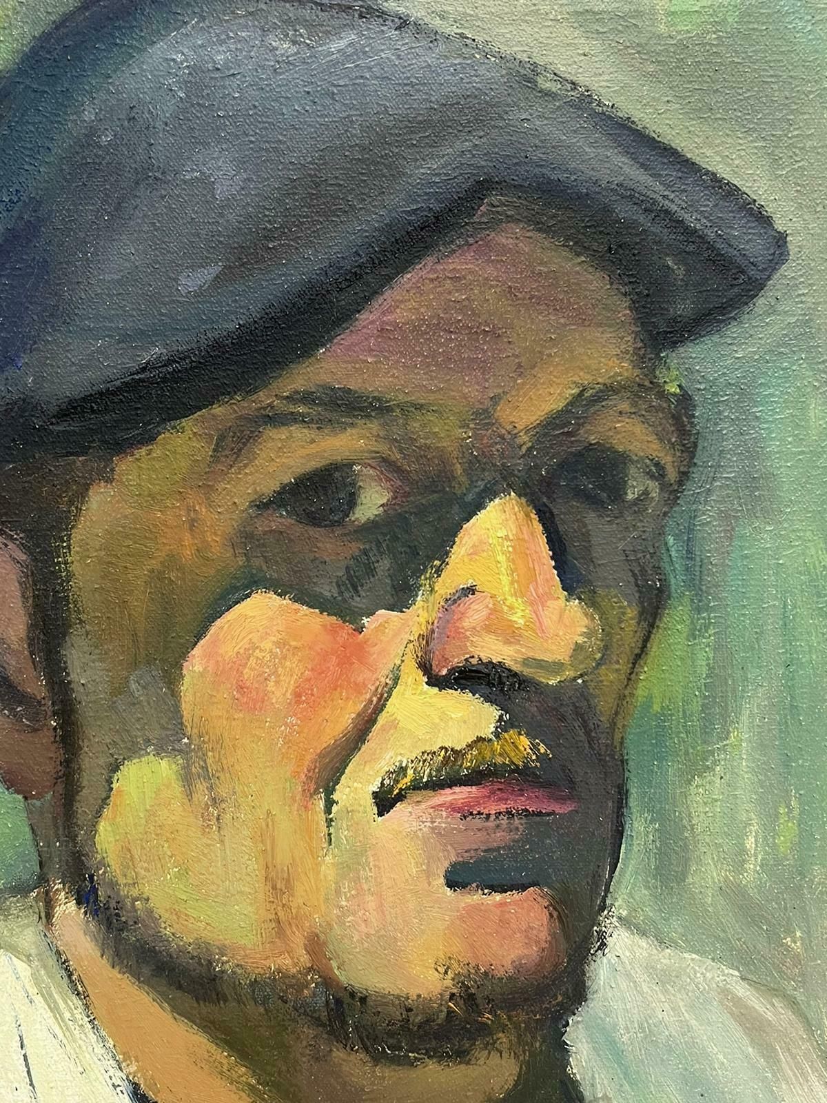 French School1930's French Impressionist Portrait Of Man In Beret Cap Oil Painting On Canvas photo vinterior