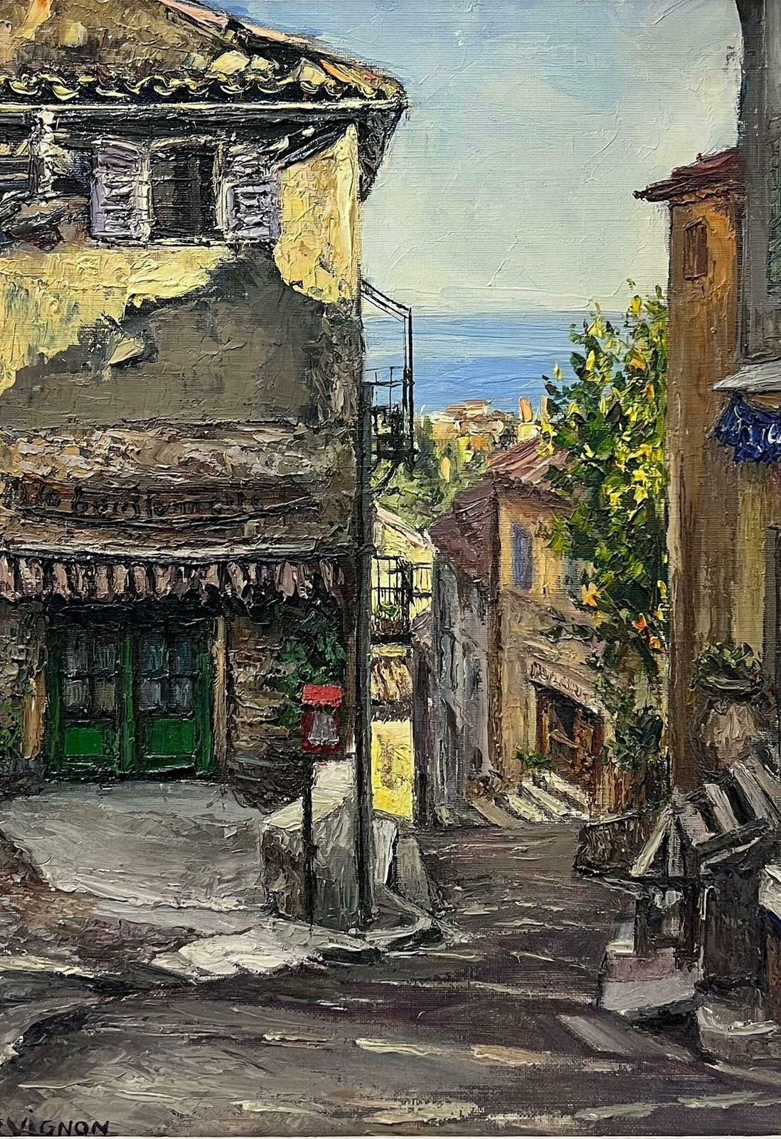 Josine Vignon1960s French Post Impressionist Signed Oil Cafe Street Scene Cagnes Sur Mer1960s photo furniture