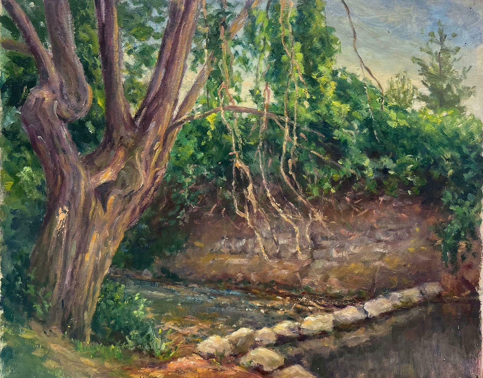 Regine Davidmid 20th Century 1950's French Impressionist Oil Woodland River Bank1950's