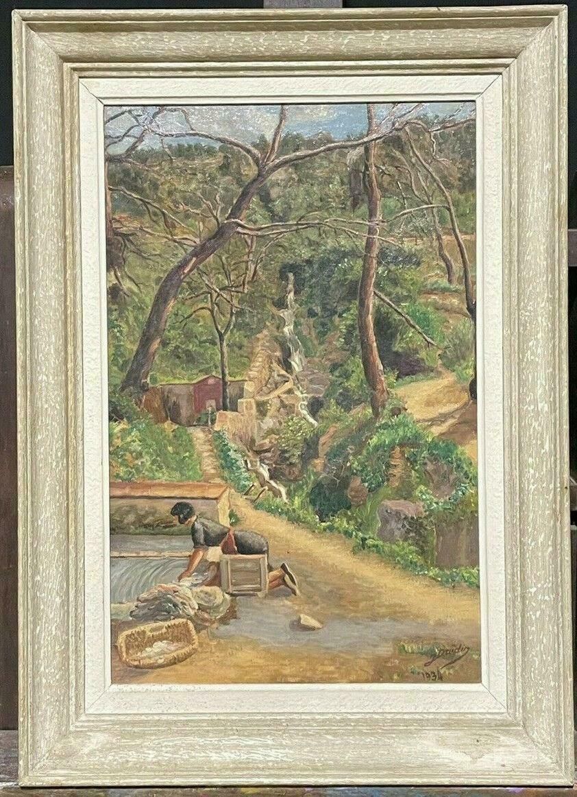 French Artist1930's French Impressionist Signed Oil   La Lavandiere Village Stream & Woodland photo furniture