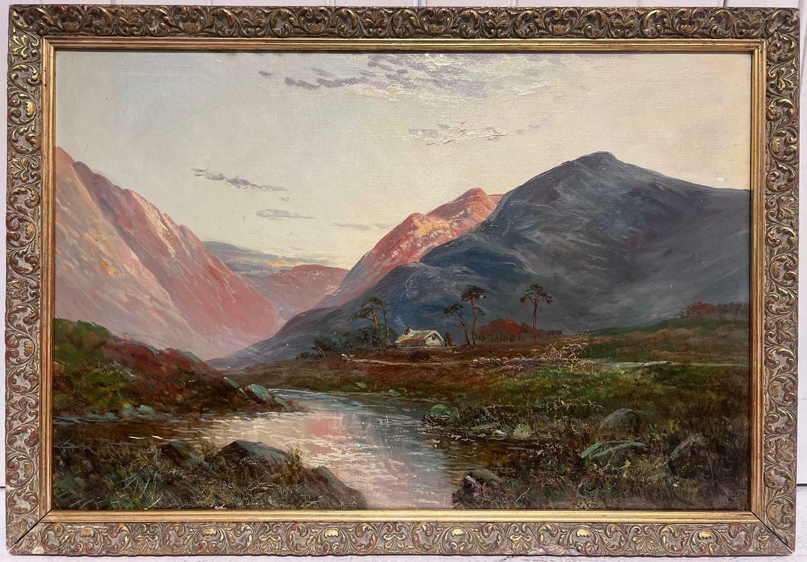 F. E. Jamiesonantique Scottish Highlands Signed Oil Painting Romantic Sunset Cottage Glen photo furniture