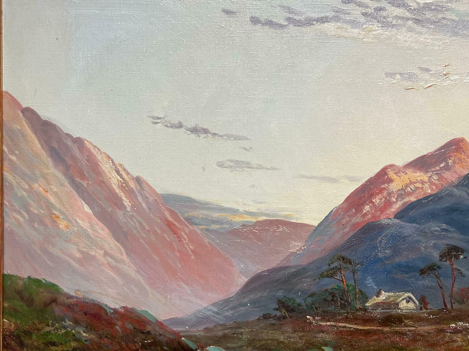 F. E. Jamiesonantique Scottish Highlands Signed Oil Painting Romantic Sunset Cottage Glen photo for sale