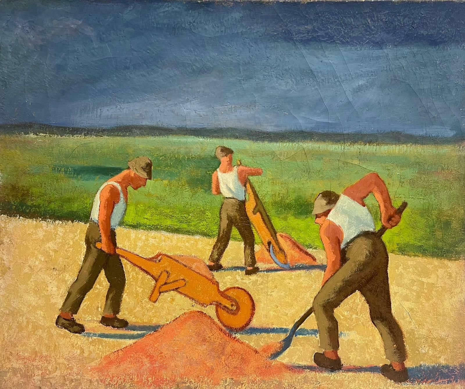 French School 1950's French Modernist Oil Men Manual Labour Working In Field With Wheelbarrows1950's