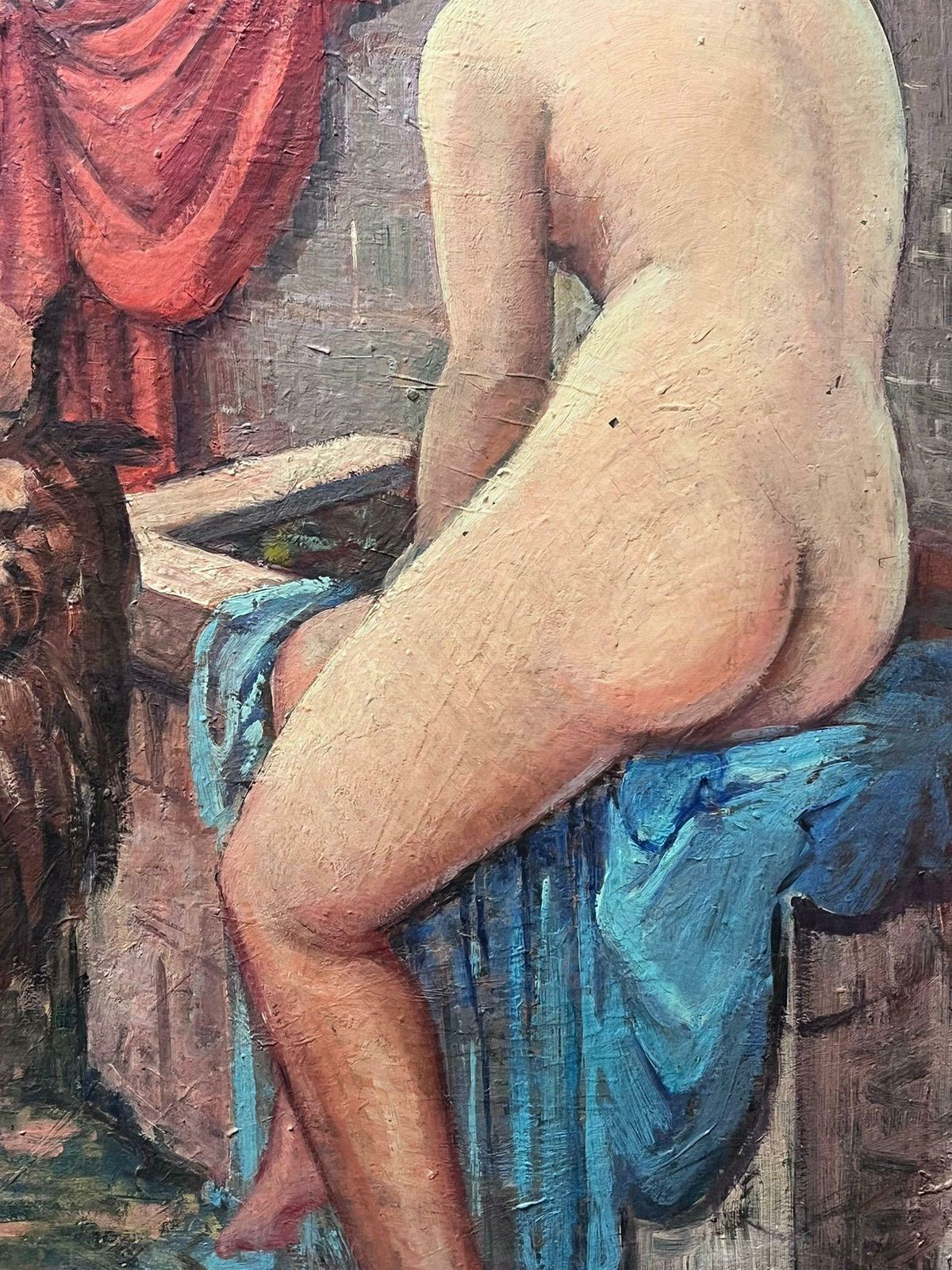 Italian Schoolhuge 1900's Italian Impressionist Signed Oil Painting Shepherd Talking To Nude photo for sale