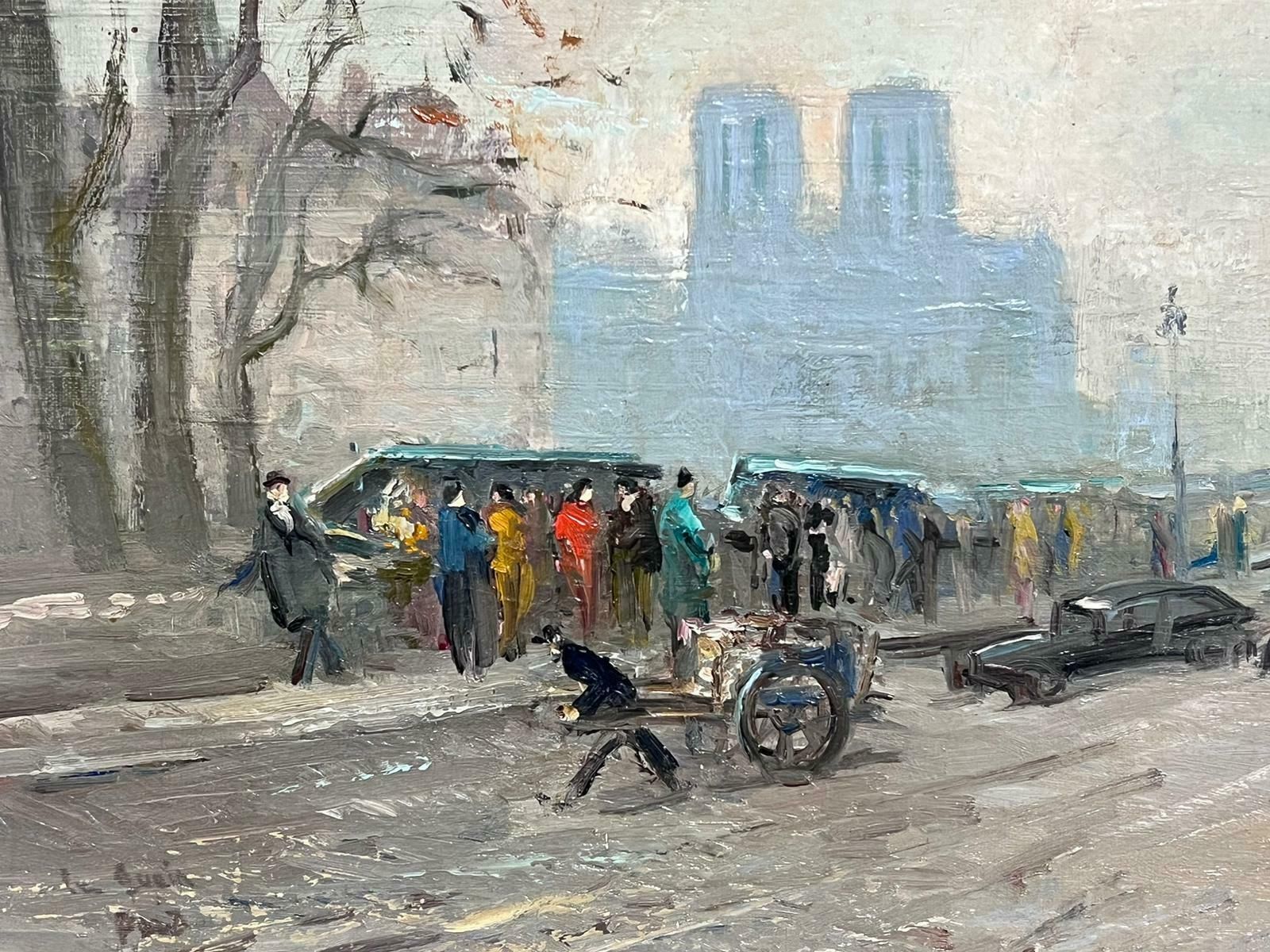 French School1950's Moody Paris Oil City Skyline Notre Dame & Bouquinistes River Seine Banks1950's photo 1838.0