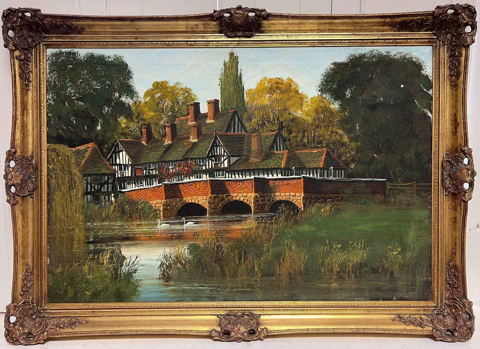British School Large Old Tudor Coaching Inn By River Landscape & Swans Very Large English Oil photo vintage