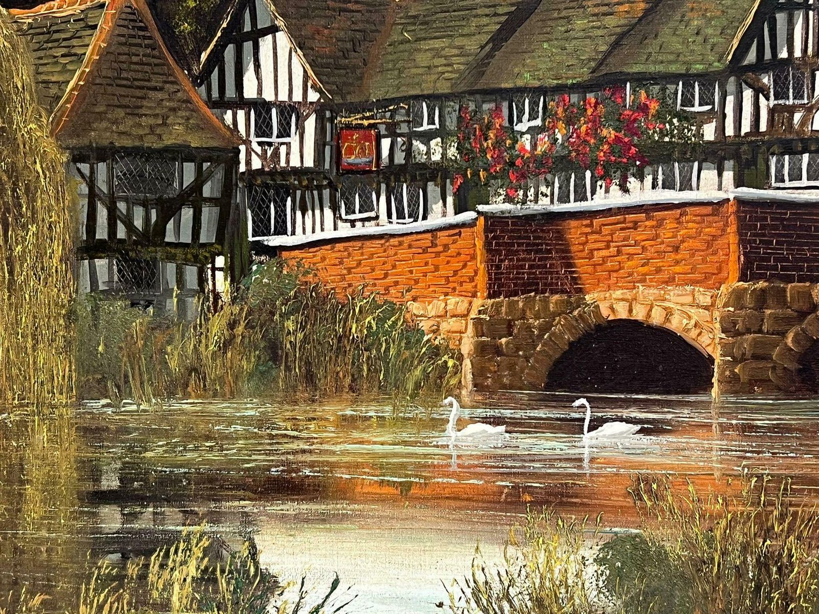 photo for sale British School Large Old Tudor Coaching Inn By River Landscape & Swans Very Large English Oil