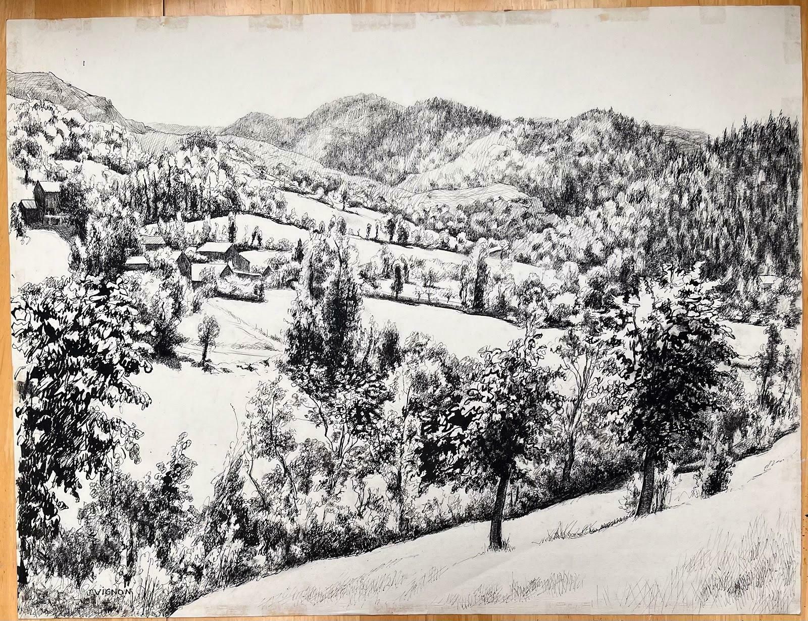 Josine Vignonmid Century French Original Ink Drawing Of A Hillside Village Landscape1950's
