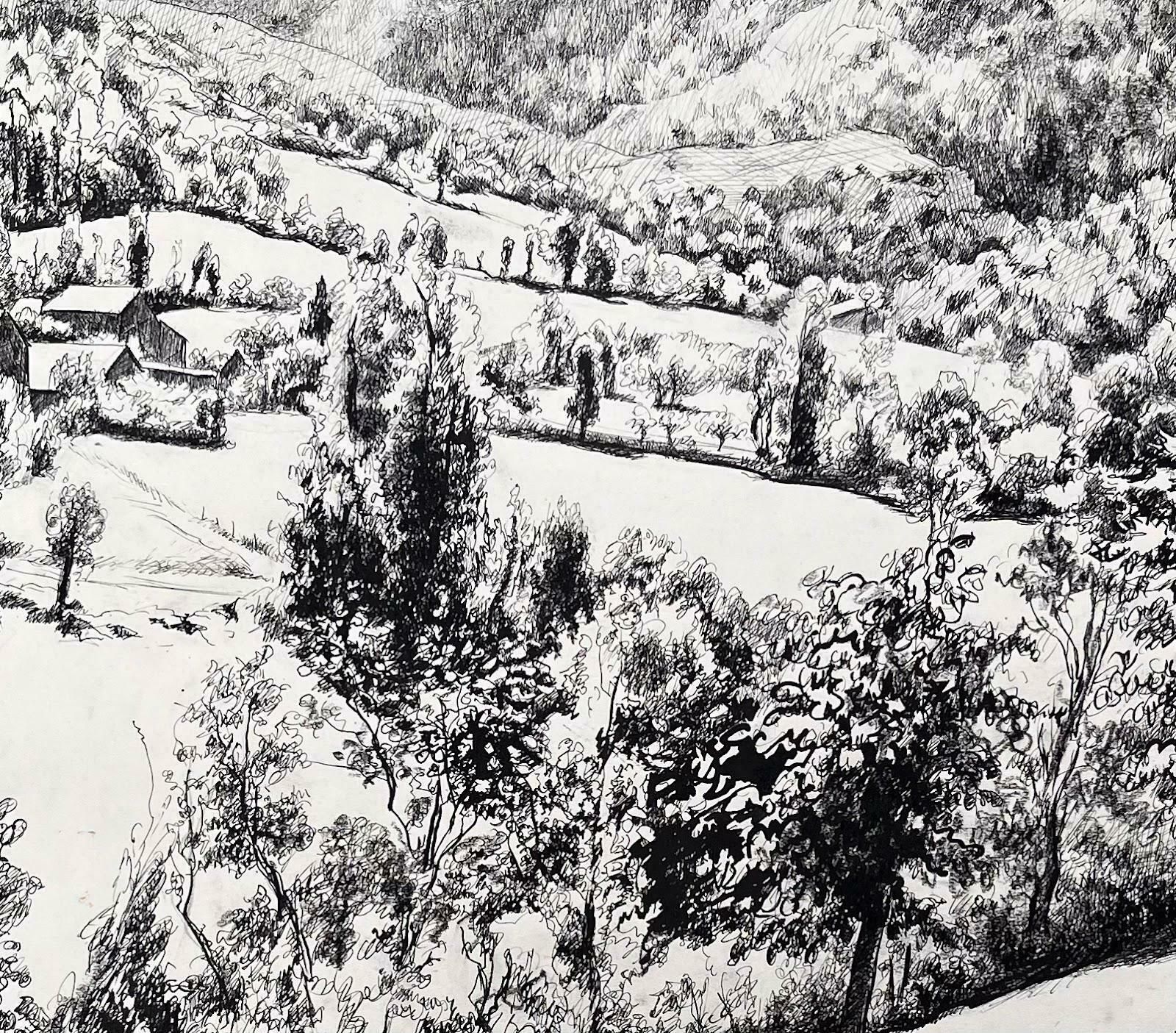 Josine Vignonmid Century French Original Ink Drawing Of A Hillside Village Landscape1950's photo 894.0