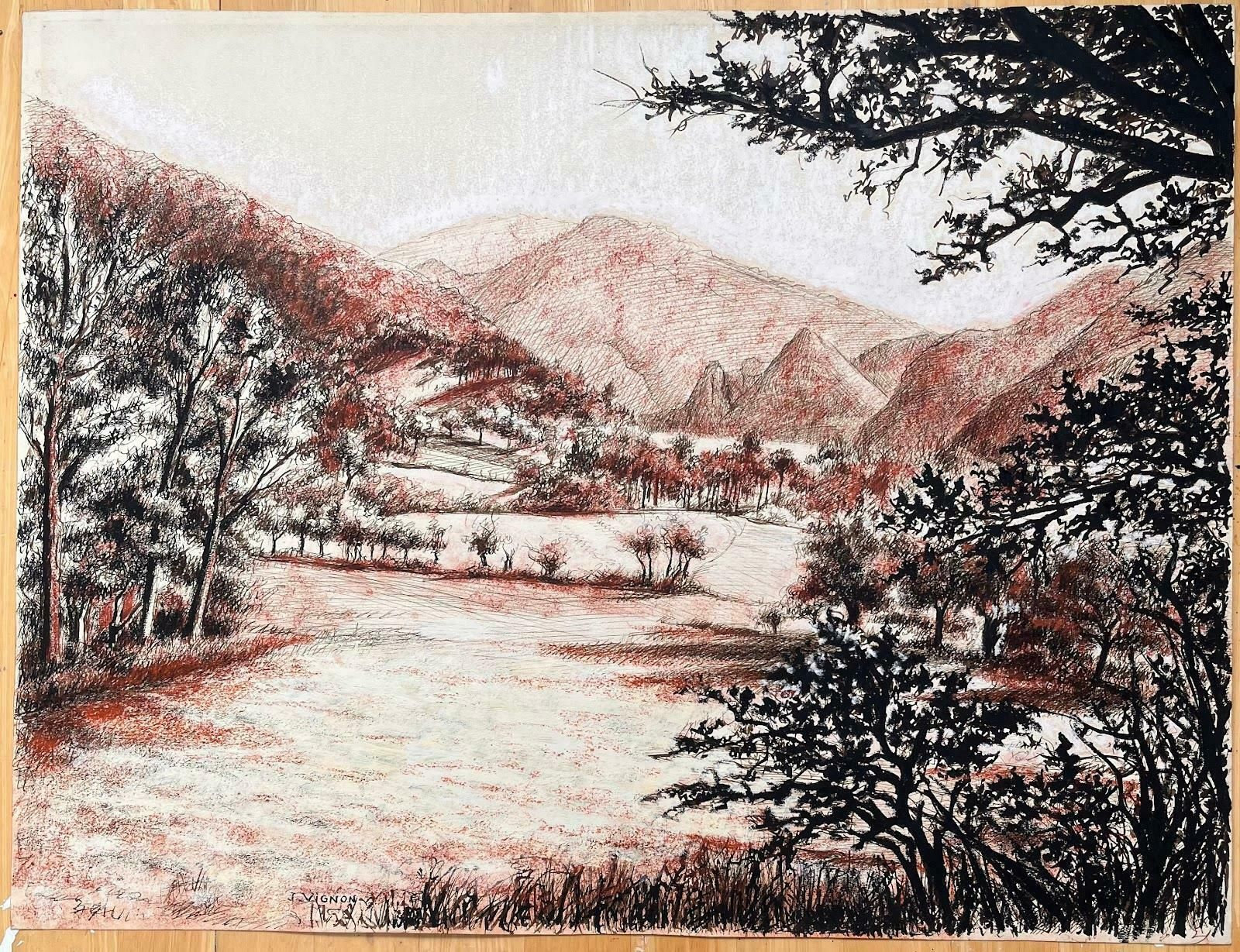 Josine Vignonmid Century French Original Pastel Drawing Of A Mountainous Landscape1950's