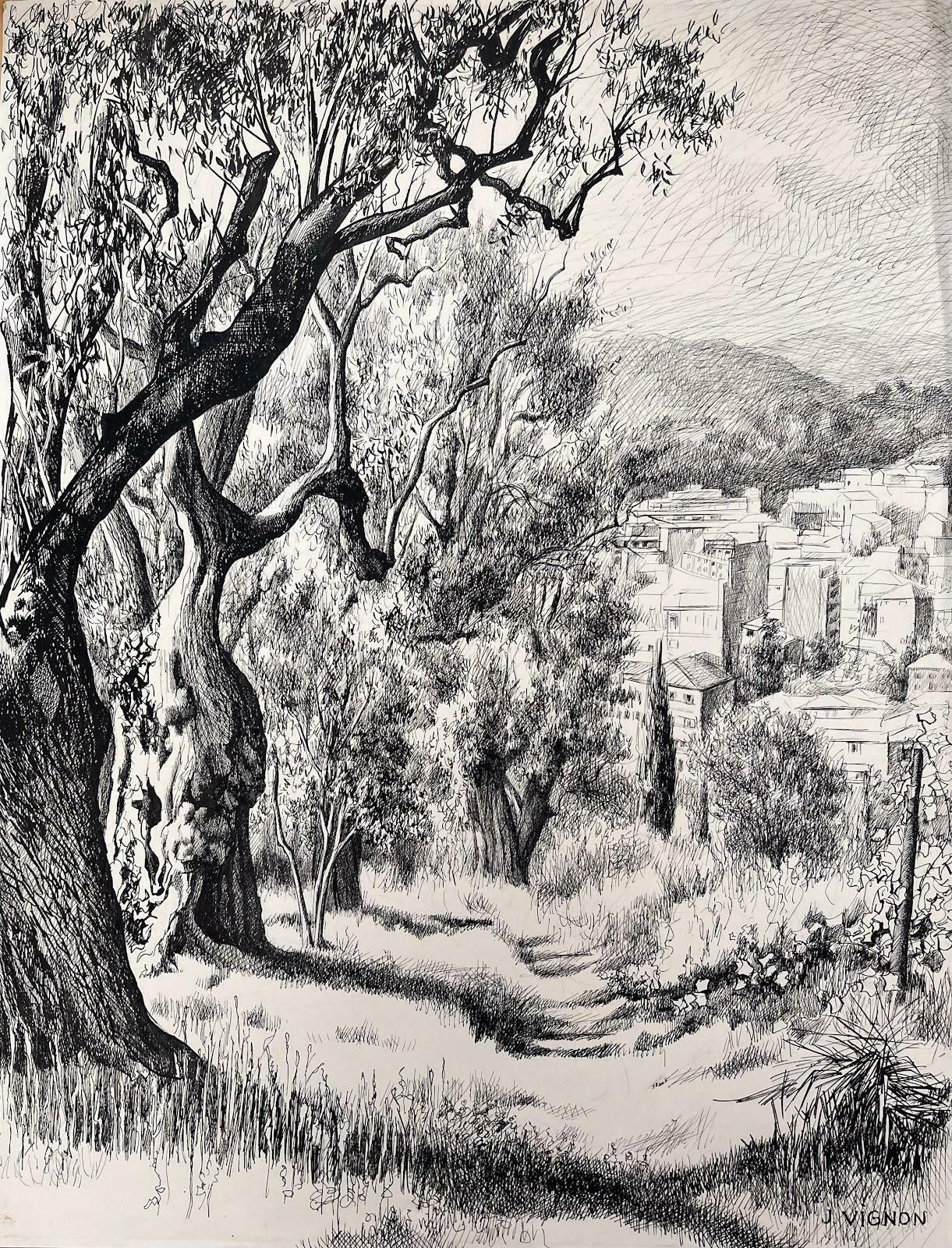 Josine Vignonmid Century French Original Ink Drawing   Urban View Through Olive Trees1950's photo furniture