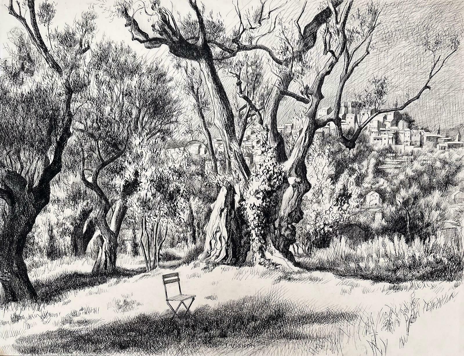 Josine Vignonmid Century French Original Ink Drawing   View Of Olive Trees & Hilltop Village1968 photo furniture
