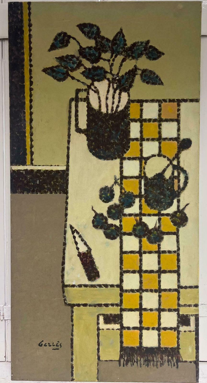George Levequelarge French Modernist Signed Oil Painting Beige Yellow Palette Kitchen Interior2013 photo furniture