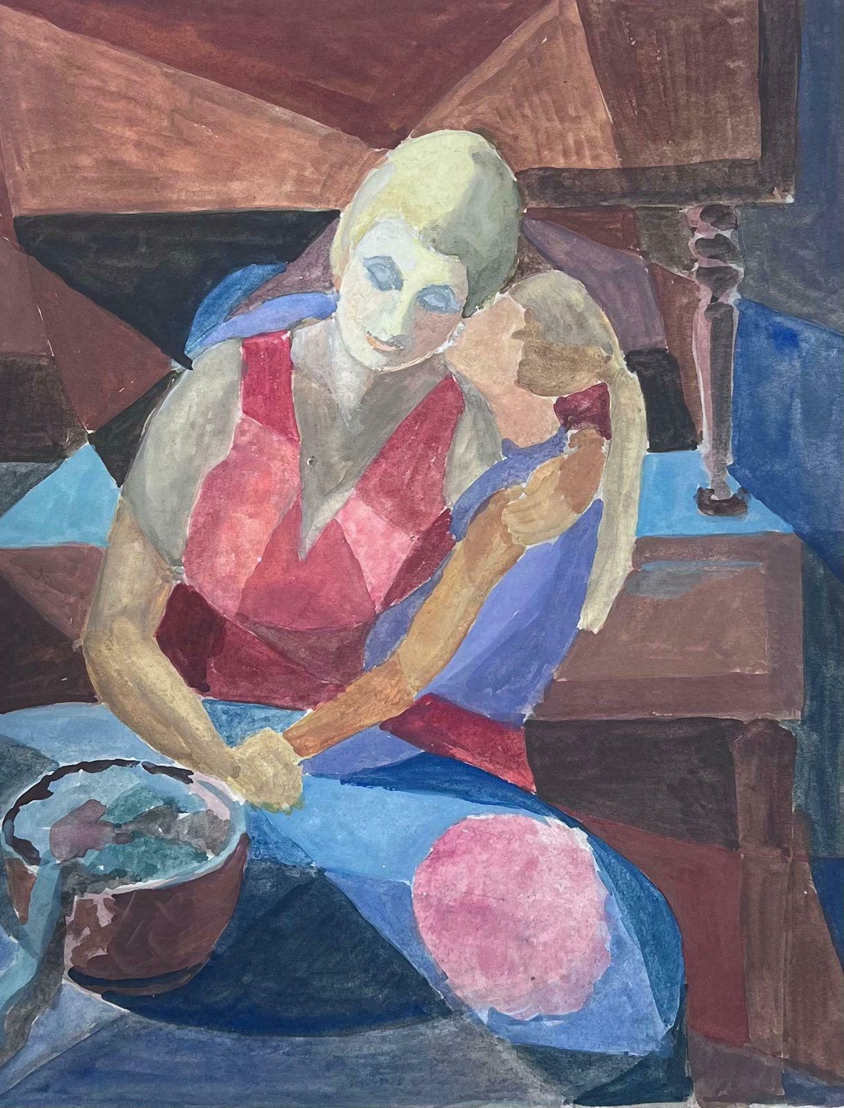 Guy Nicod 20th Century French Cubist Painting Portrait Of Mother & Daughter