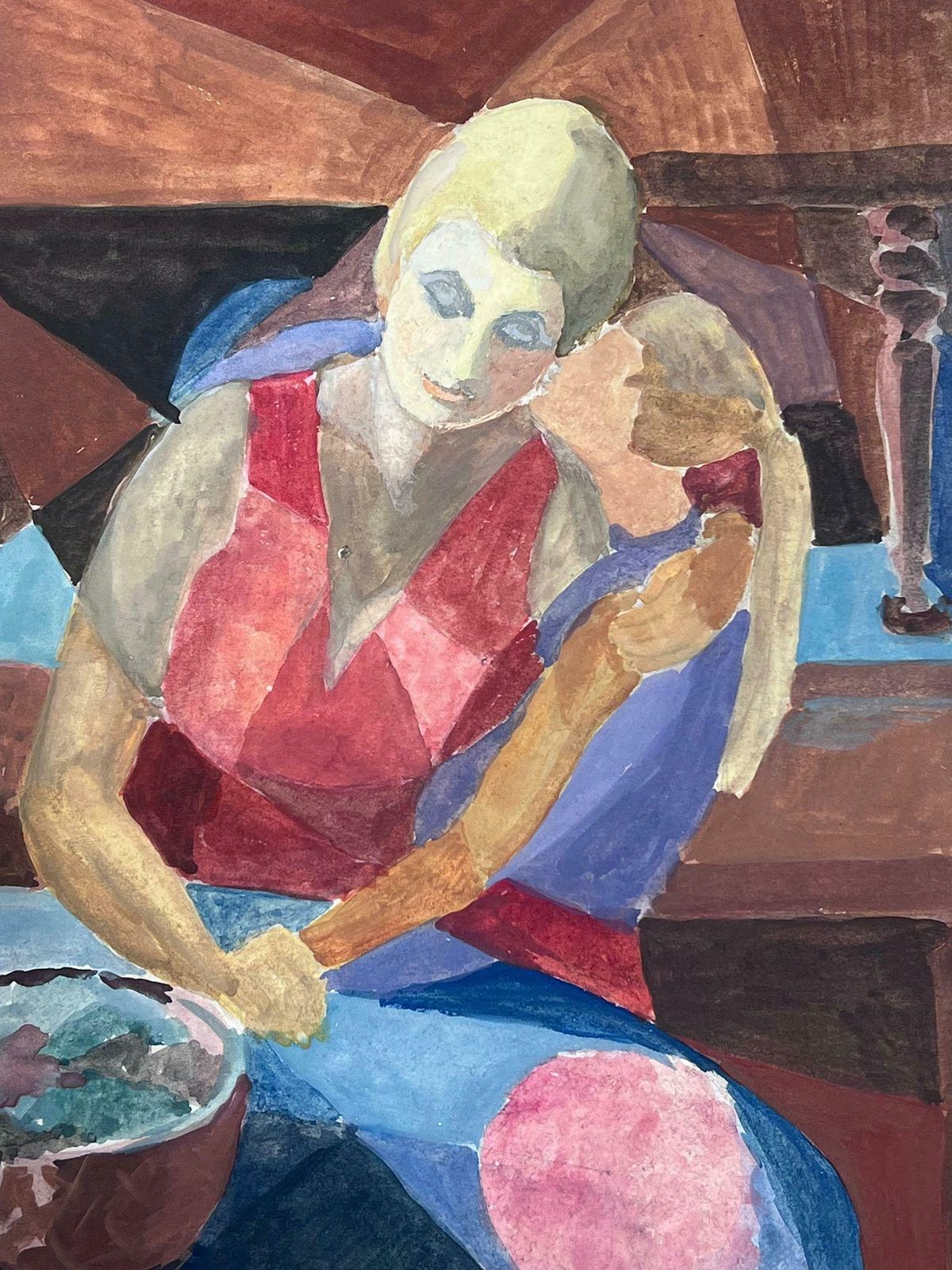 Guy Nicod 20th Century French Cubist Painting Portrait Of Mother & Daughter photo for sale