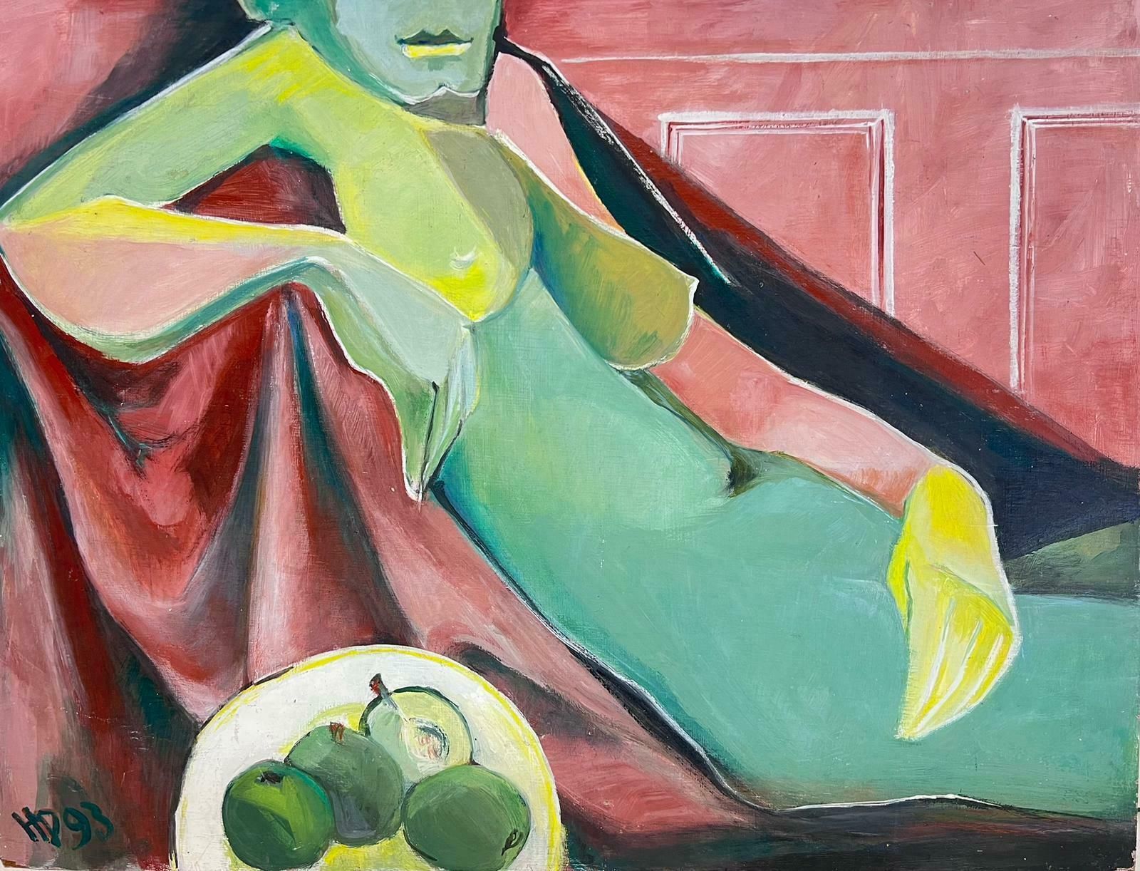 Helene Dadonefrench Cubist 20th Century Oil Painting Nude Lady With Green Apples Signed