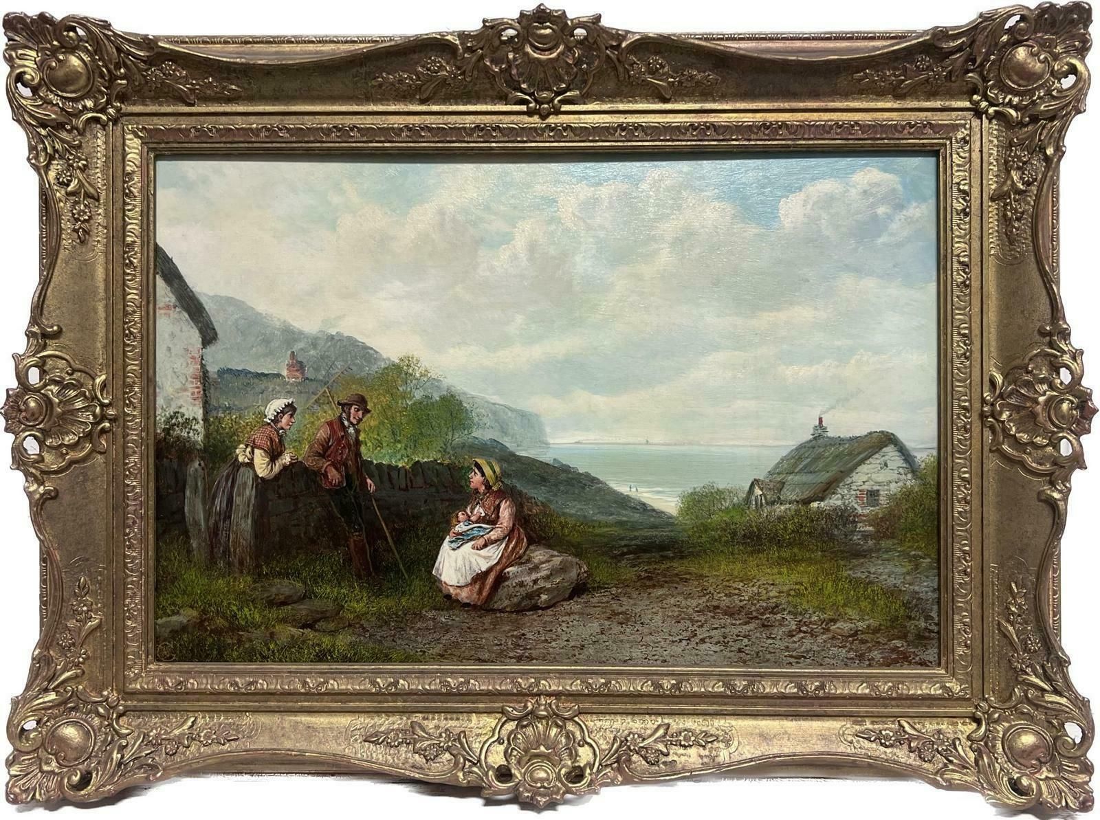 Victorian English19th Century English Oil Painting Fisherfolk Cornish/ Devon Coastline Cottage