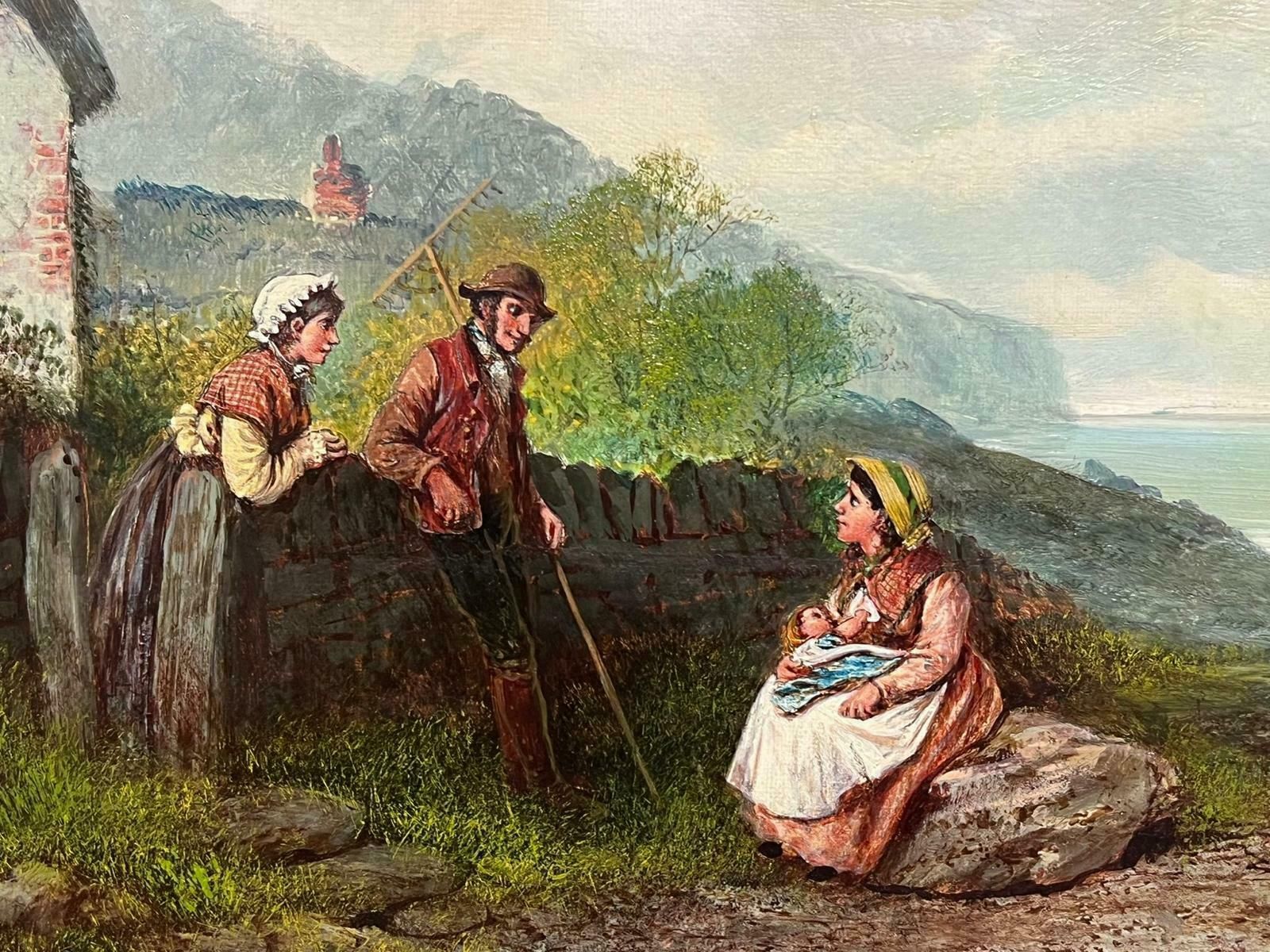 Victorian English19th Century English Oil Painting Fisherfolk Cornish/ Devon Coastline Cottage photo 1532.0