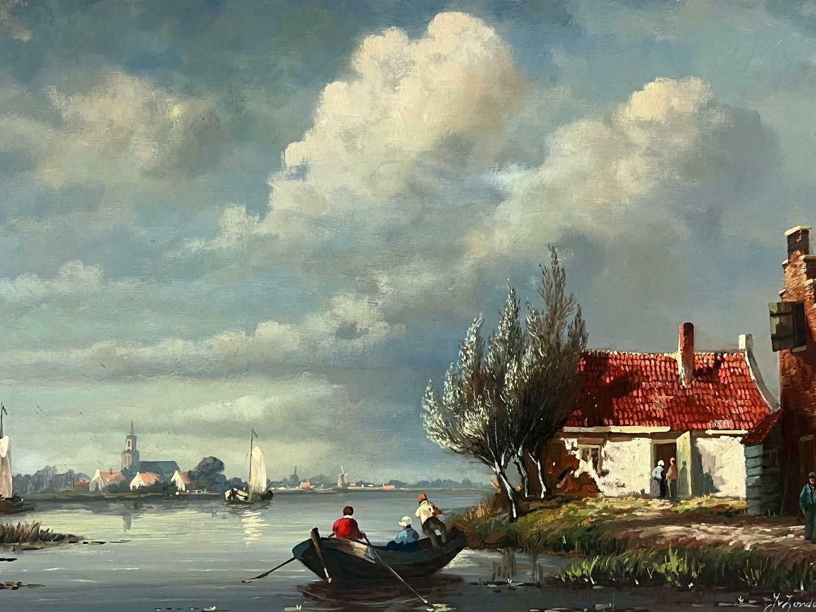 Dutch Schoollarge Traditional Dutch River Landscape With Old Town & Houses Signed Oil photo furniture