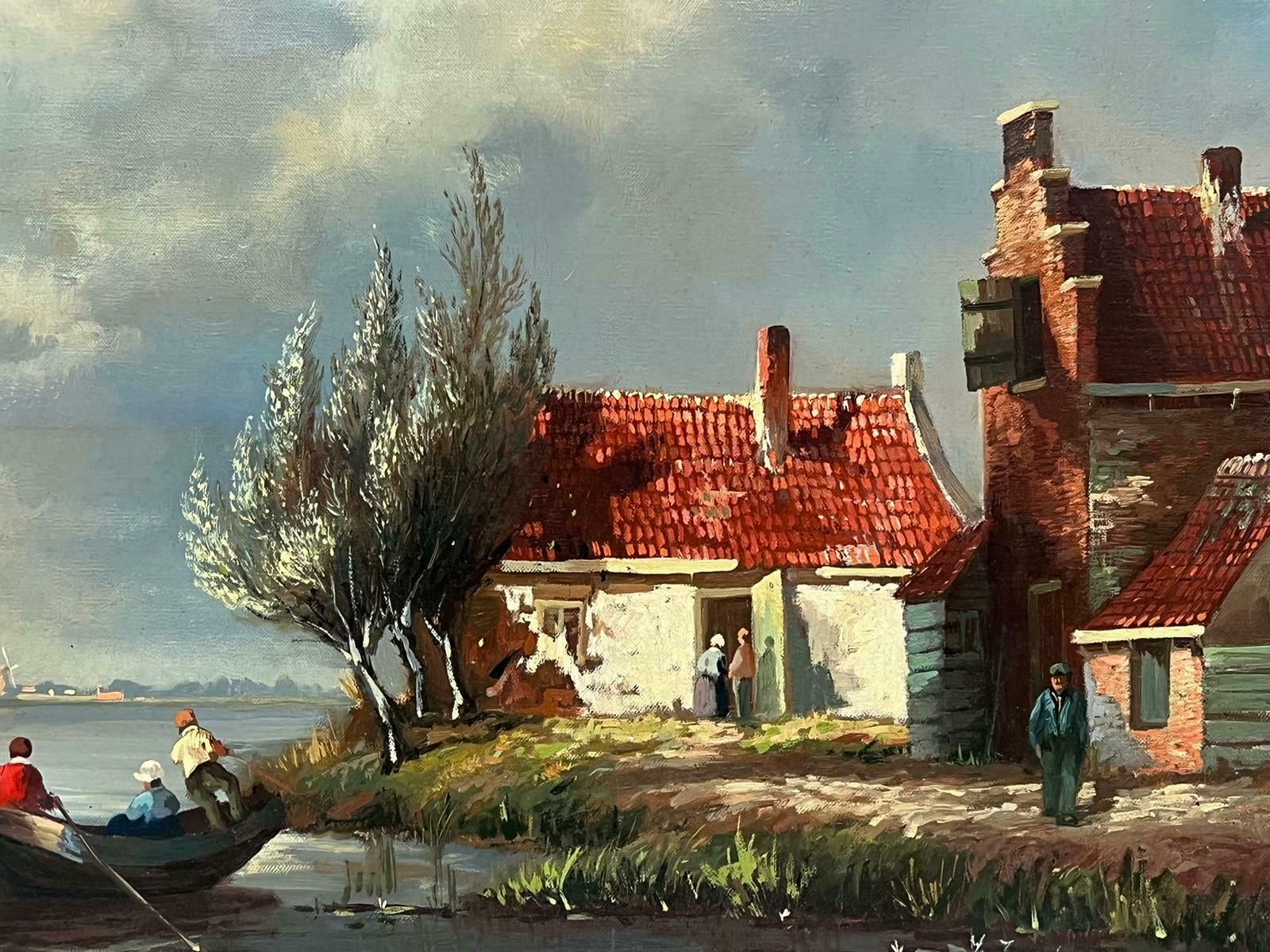 Dutch Schoollarge Traditional Dutch River Landscape With Old Town & Houses Signed Oil photo for sale