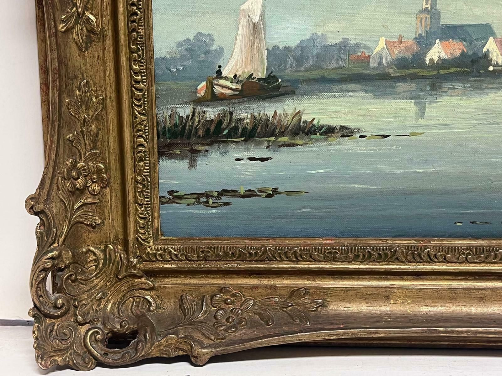 Dutch Schoollarge Traditional Dutch River Landscape With Old Town & Houses Signed Oil photo vintage