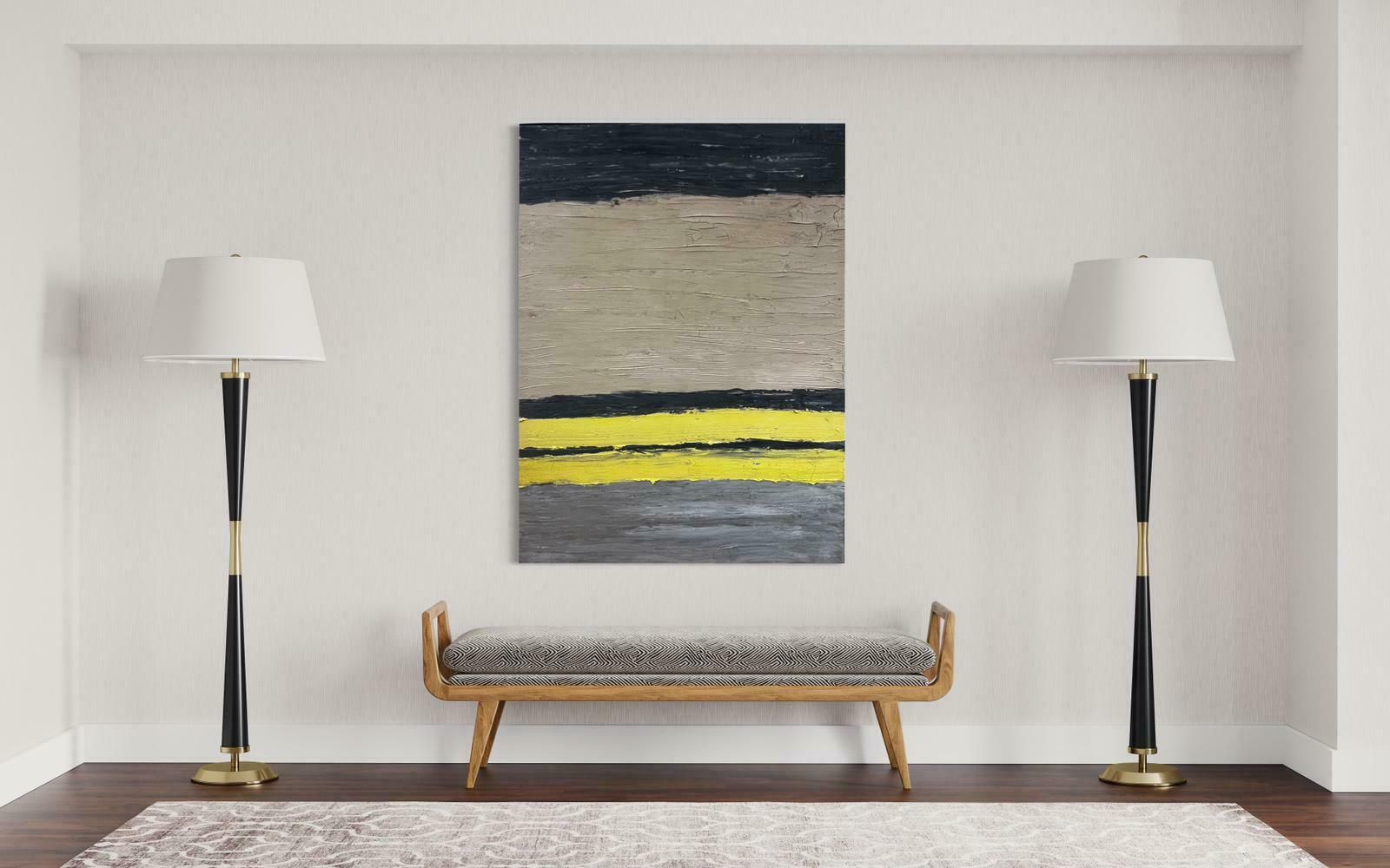 Enormous French Abstracthuge 20th Century French Expressionist Abstract Oil Painting Black Grey Yellowc. 1992 photo furniture