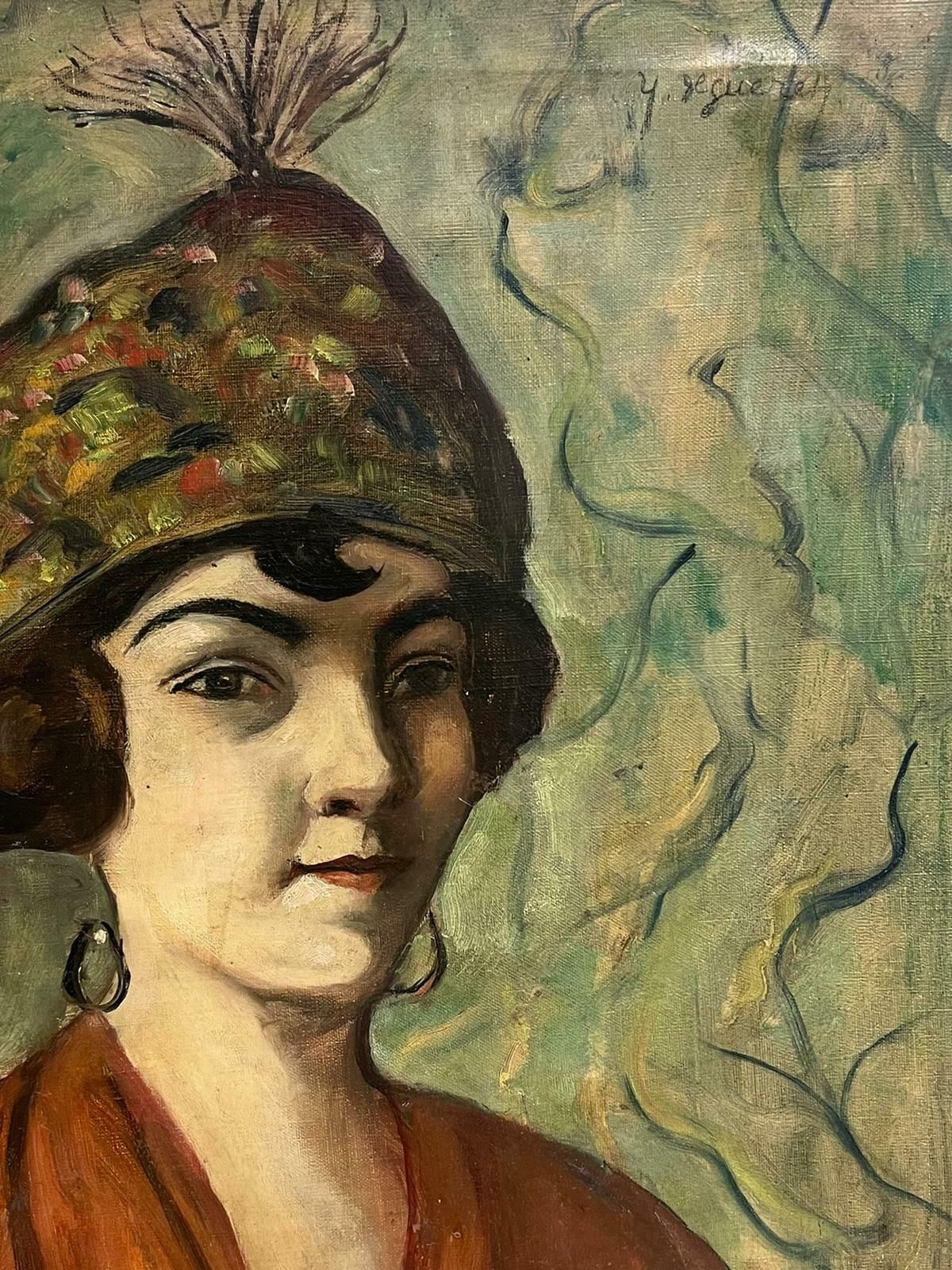 French School 1920's French Portrait Of Fashionable Young Lady In Dapper Headpiece Signed Oil 1920's photo furniture