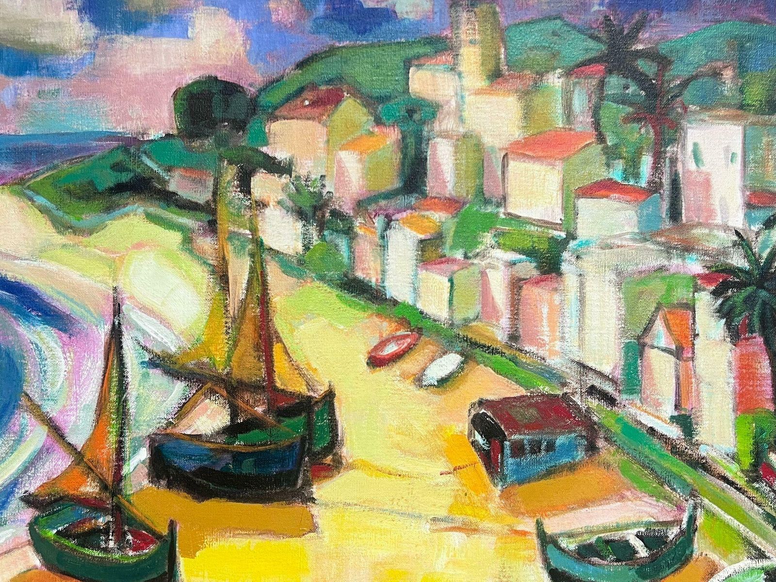 Michel Kritzhuge 1960's French Cubist Modernist Signed Oil Painting Sunny Med Beach Scene photo for sale