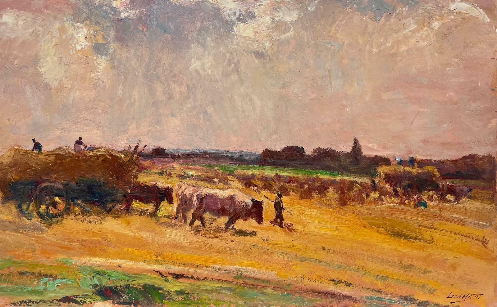 Leon Hatotvintage French Oil Painting Cows Pulling Hay Bale Karts In Golden Fields