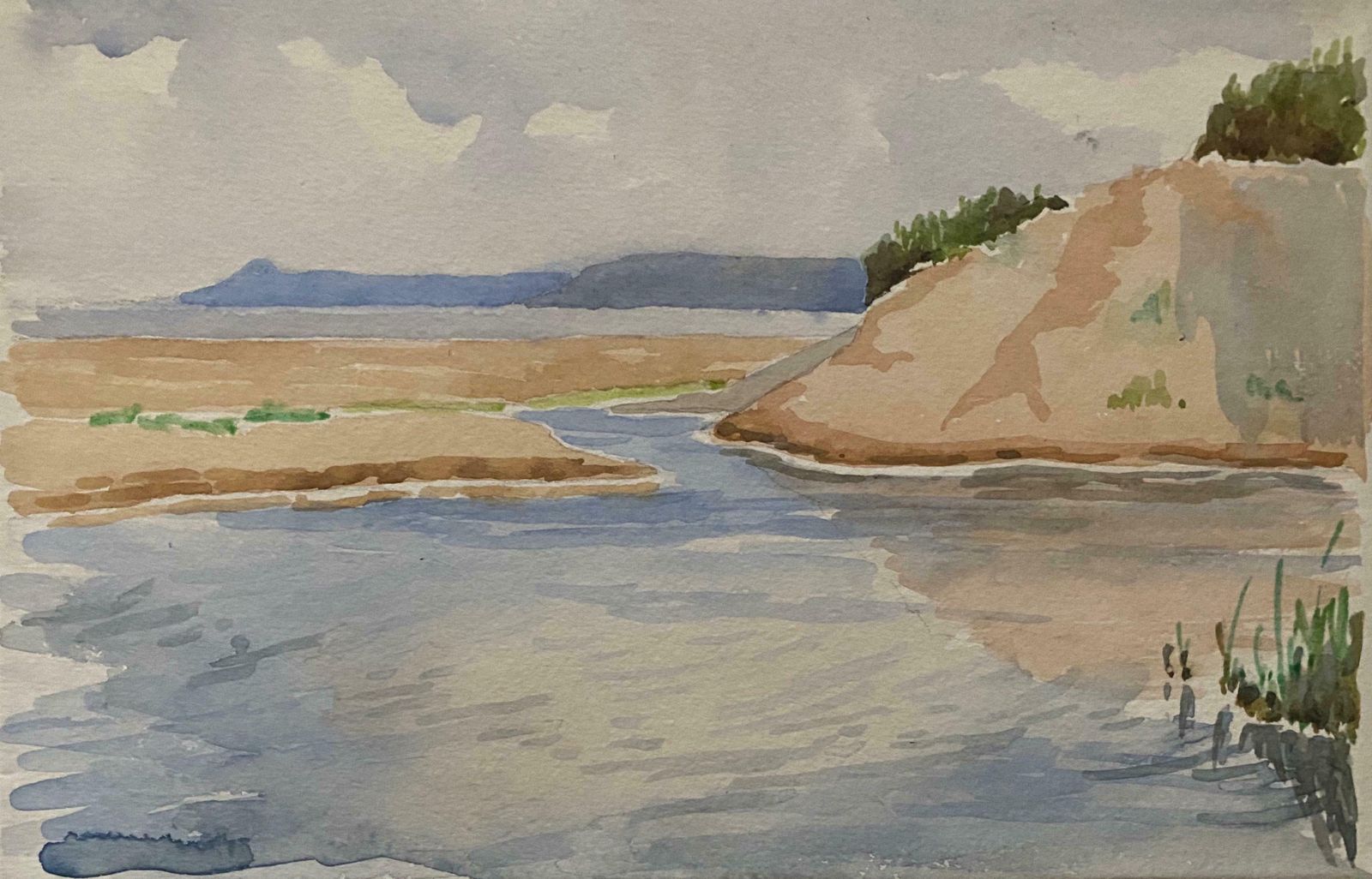 Unknown1900's English Impressionist Watercolor Painting Gentle Blue And Cream Seascape C. 1900's