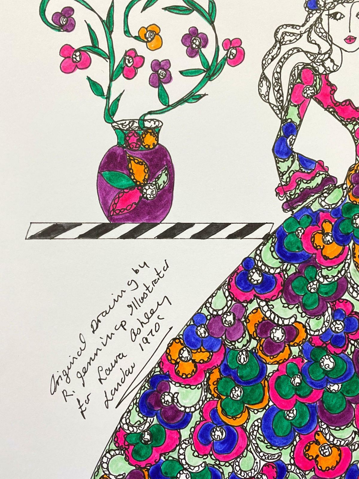 Roz Jenningsoriginal Fashion Design Illustration Watercolor Painting Laura Ashley Designerc. 2000's photo furniture