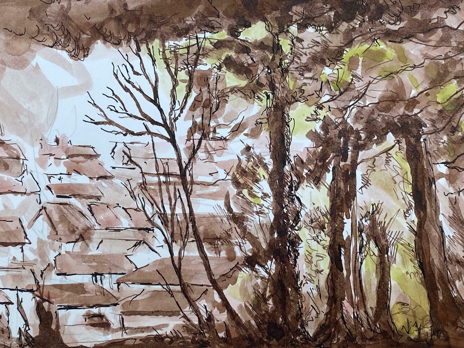 Bernard Labbe1950's French Modernist/ Cubist Painting   Brown Autumnal French Landscape 1950's photo Art