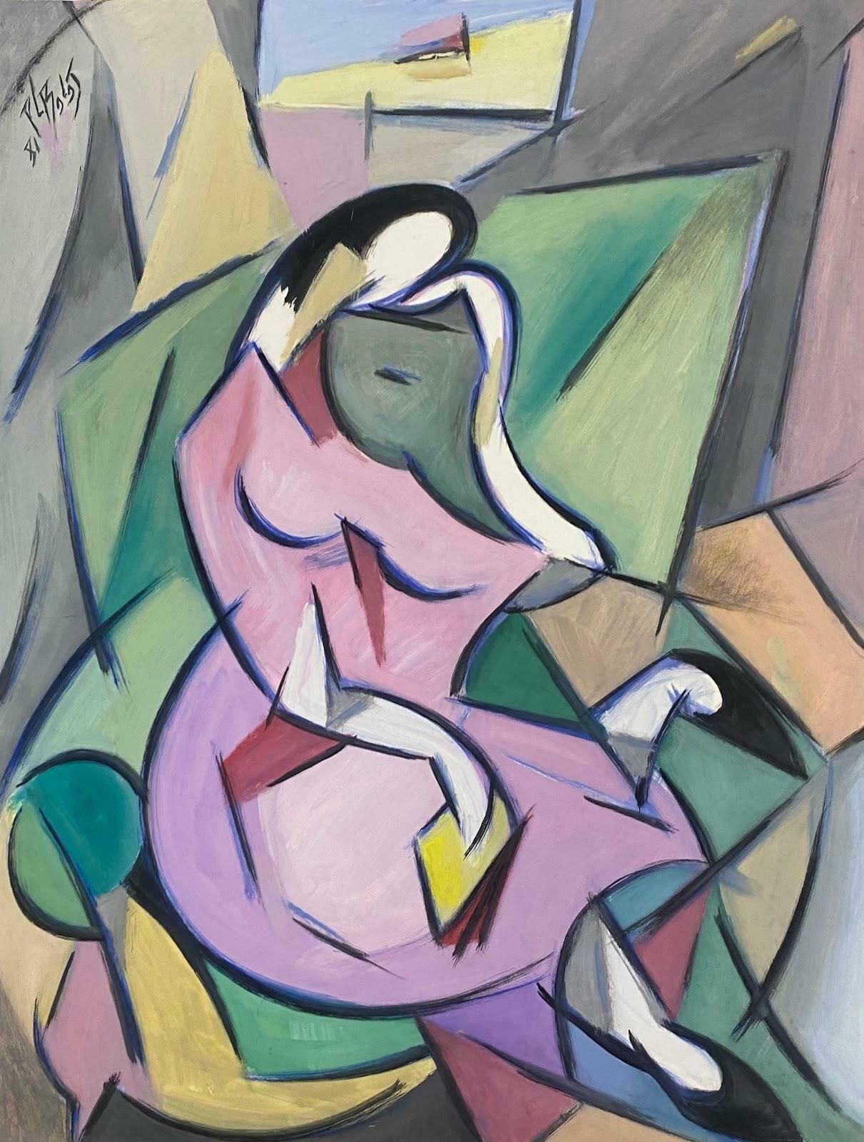 Paul Louis Bolot (French 1918 2003)20th Century French Modernist Painting Cubist Geometric Purple Portrait Of Lady1981 photo furniture