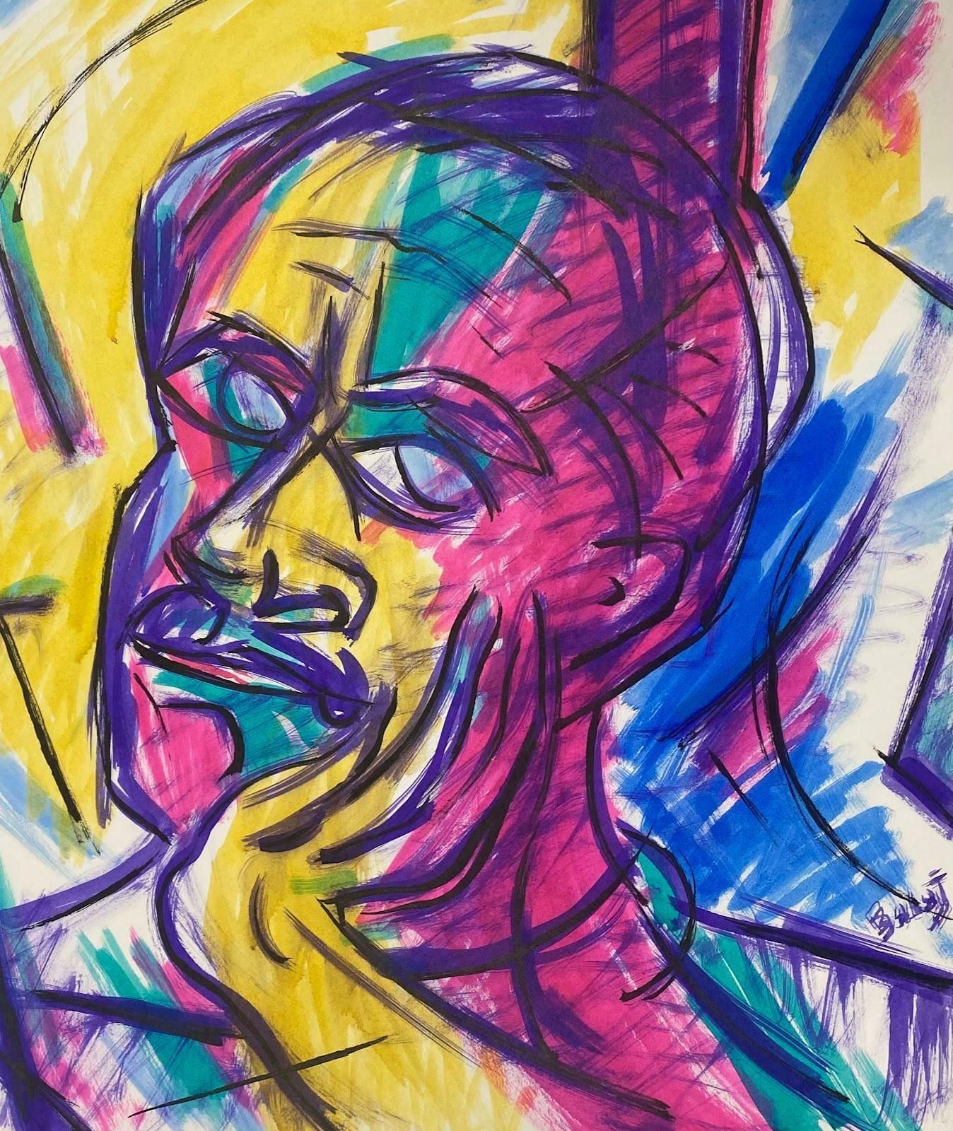 Unknown20th Century French Modernist Gouache Painting Pink And Purple Portrait C. 1970 photo for sale
