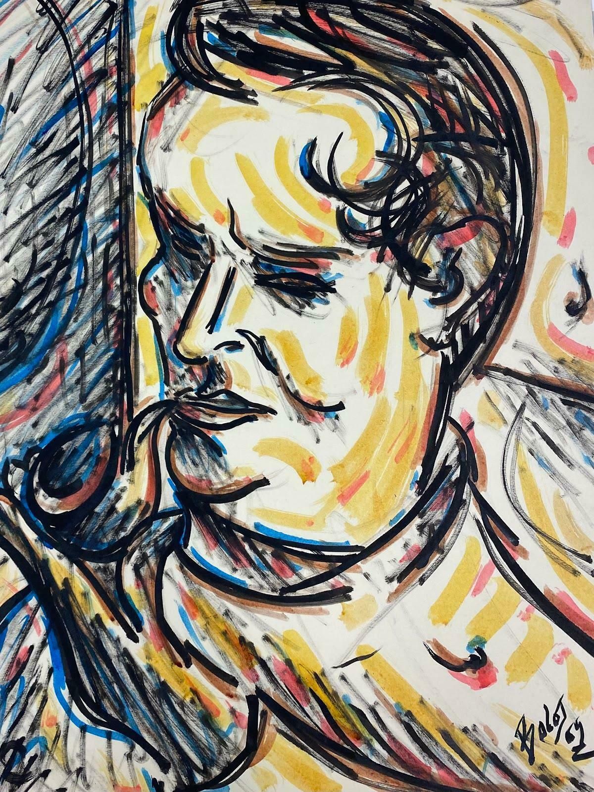 Paul Louis Bolot (French 1918 2003)20th Century French Modernist Painting Portrait Of Man Smoking His Pipe 20th Century (1969) photo furniture