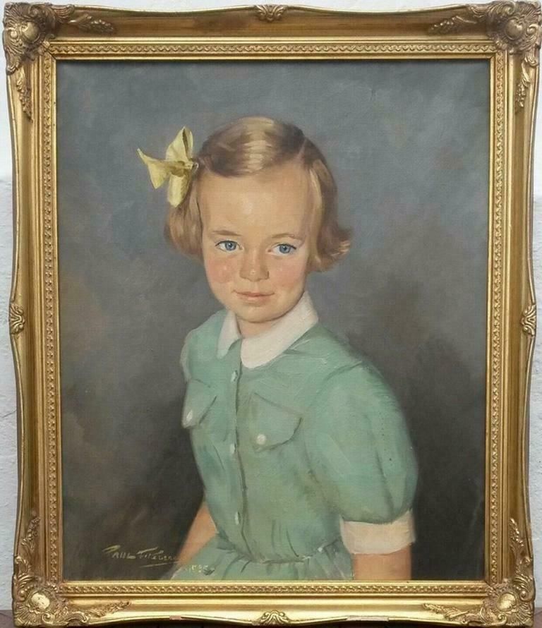 Paul Fitzgerald20th Century Portrait Oil Painting Of Young Girl In Green Dressc. 1995 photo furniture